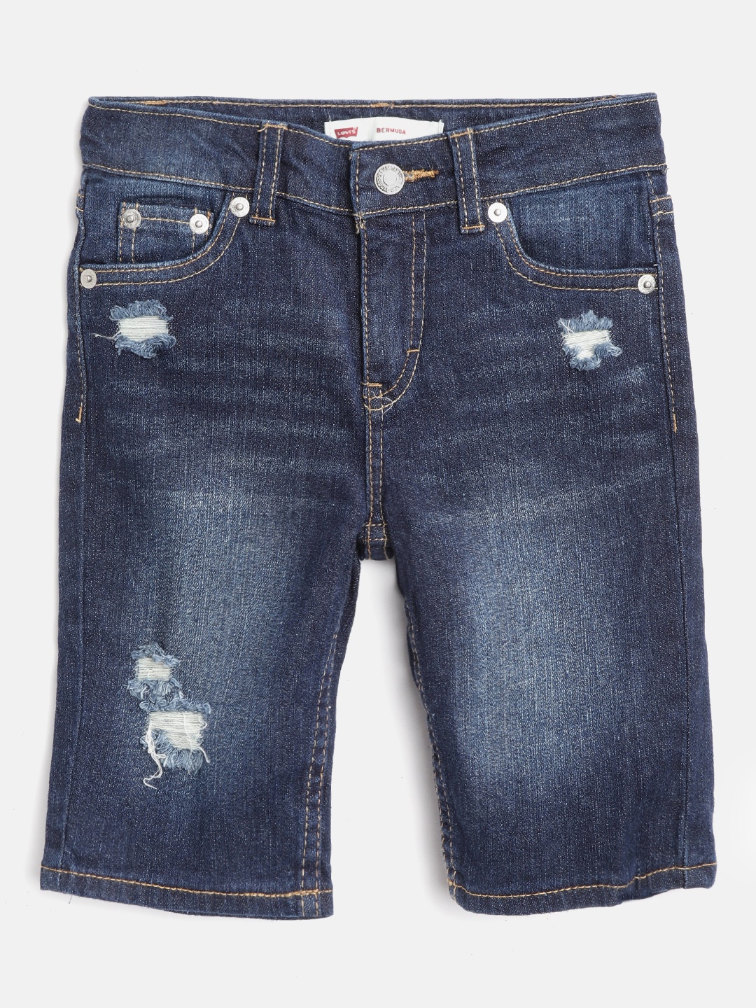 

Levis Girls Navy Blue Washed Slim Fit Low-Distressed Denim Shorts