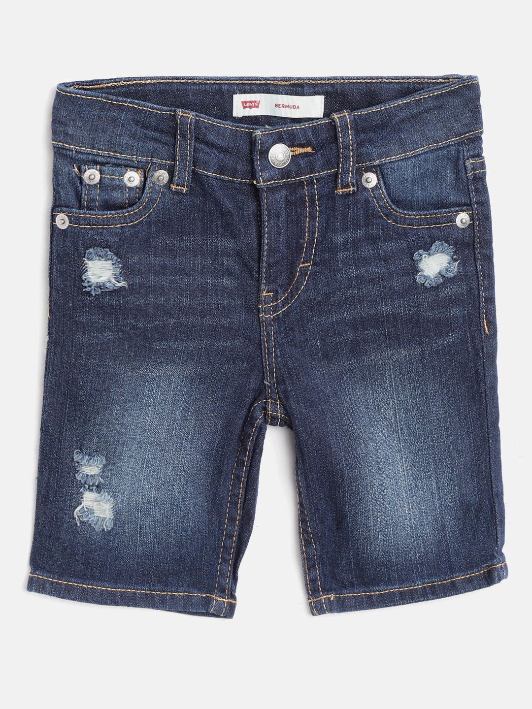 

Levis Girls Navy Blue Washed Slim Fit Low-Distressed Denim Shorts