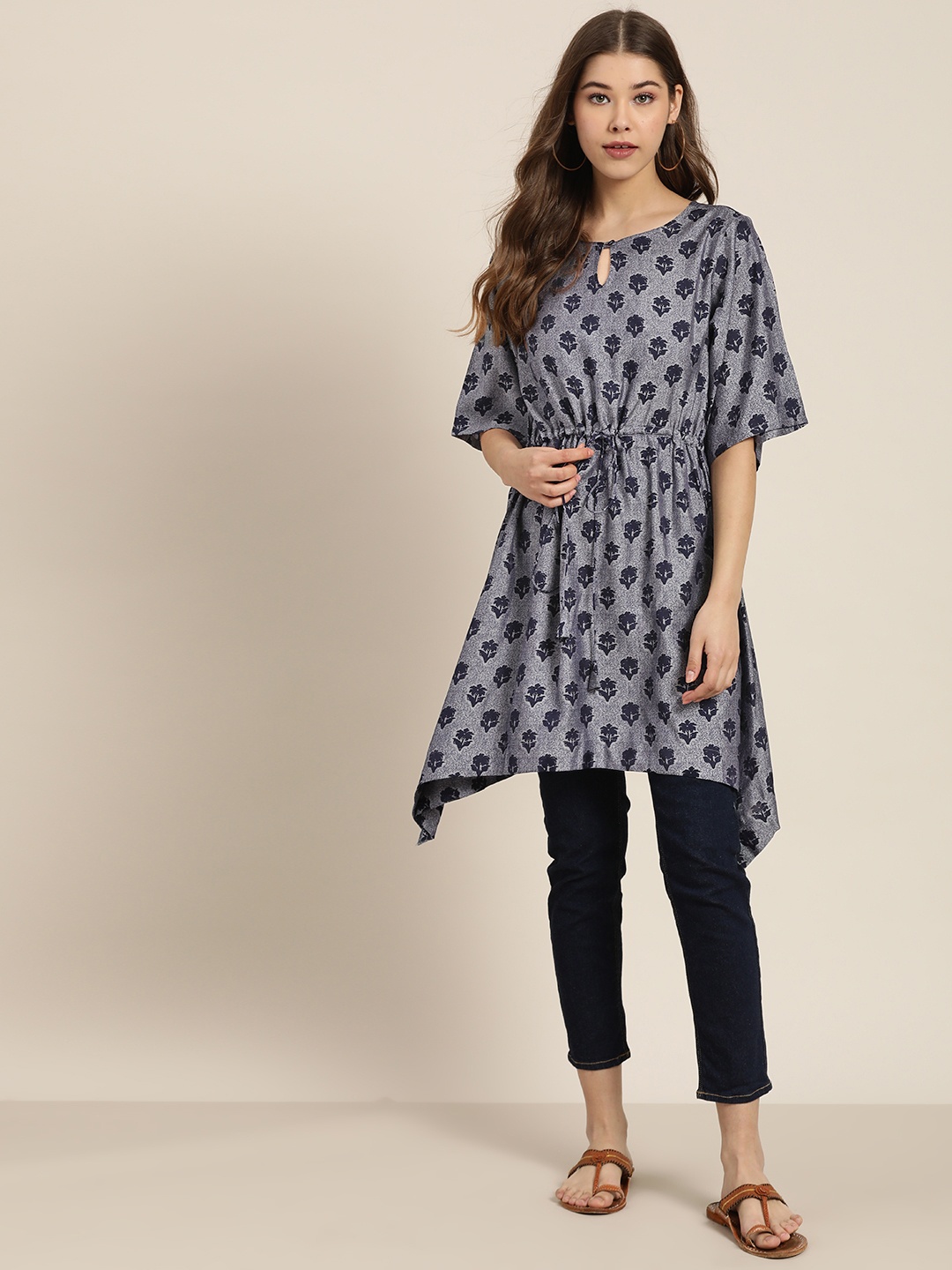 

Sangria Women Blue Printed Asymmetric A-Line Kurta