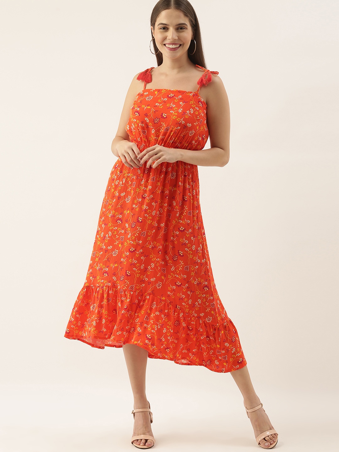

DressBerry Women Orange & Yellow Floral Printed Fit And Flare Tiered Midi Dress