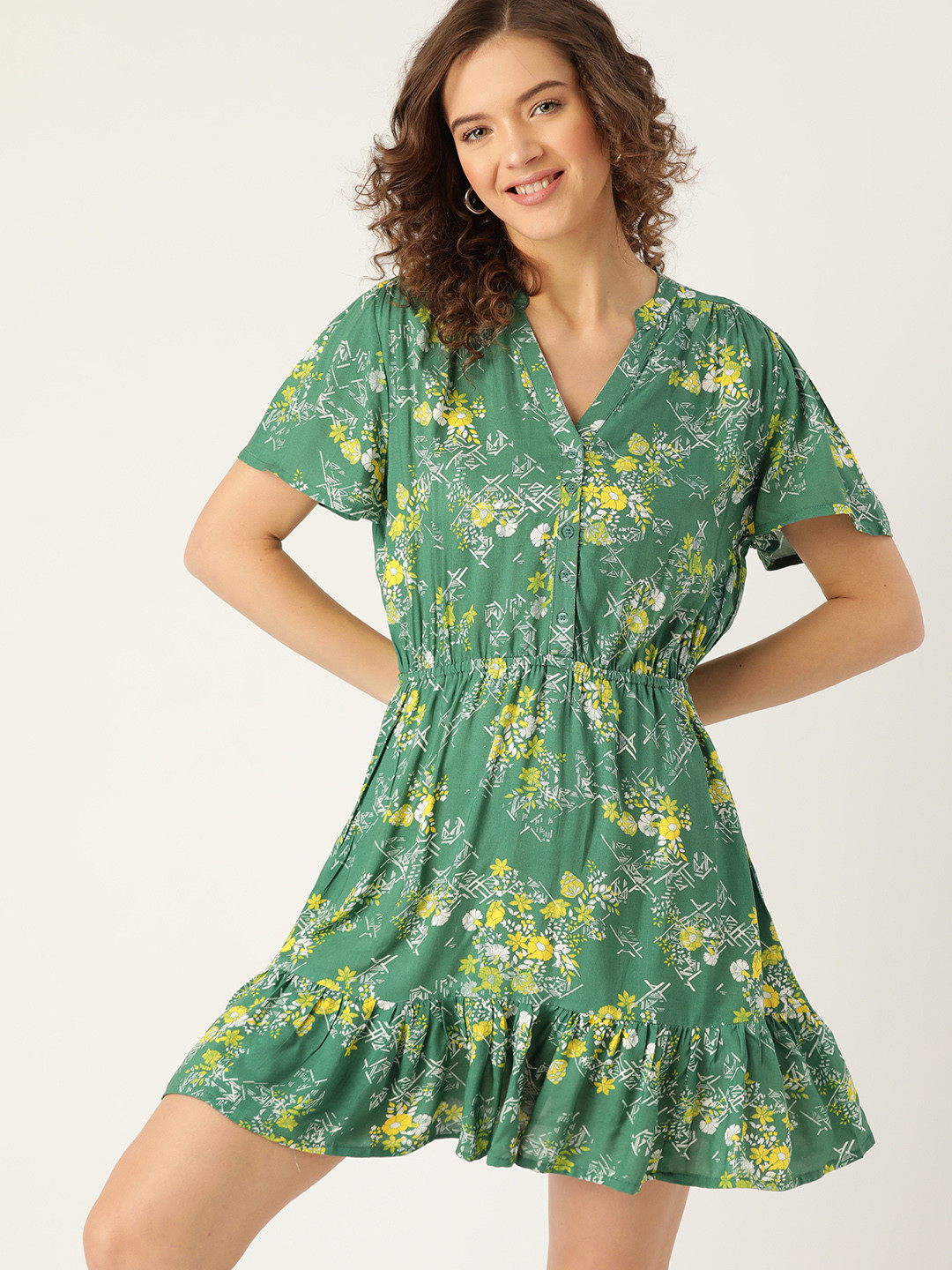 

DressBerry Green & Yellow Floral A-Line Dress