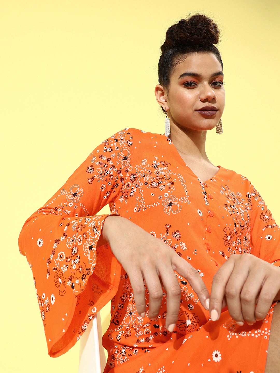 

DressBerry Women Orange Floral Bell Sleeves Dress