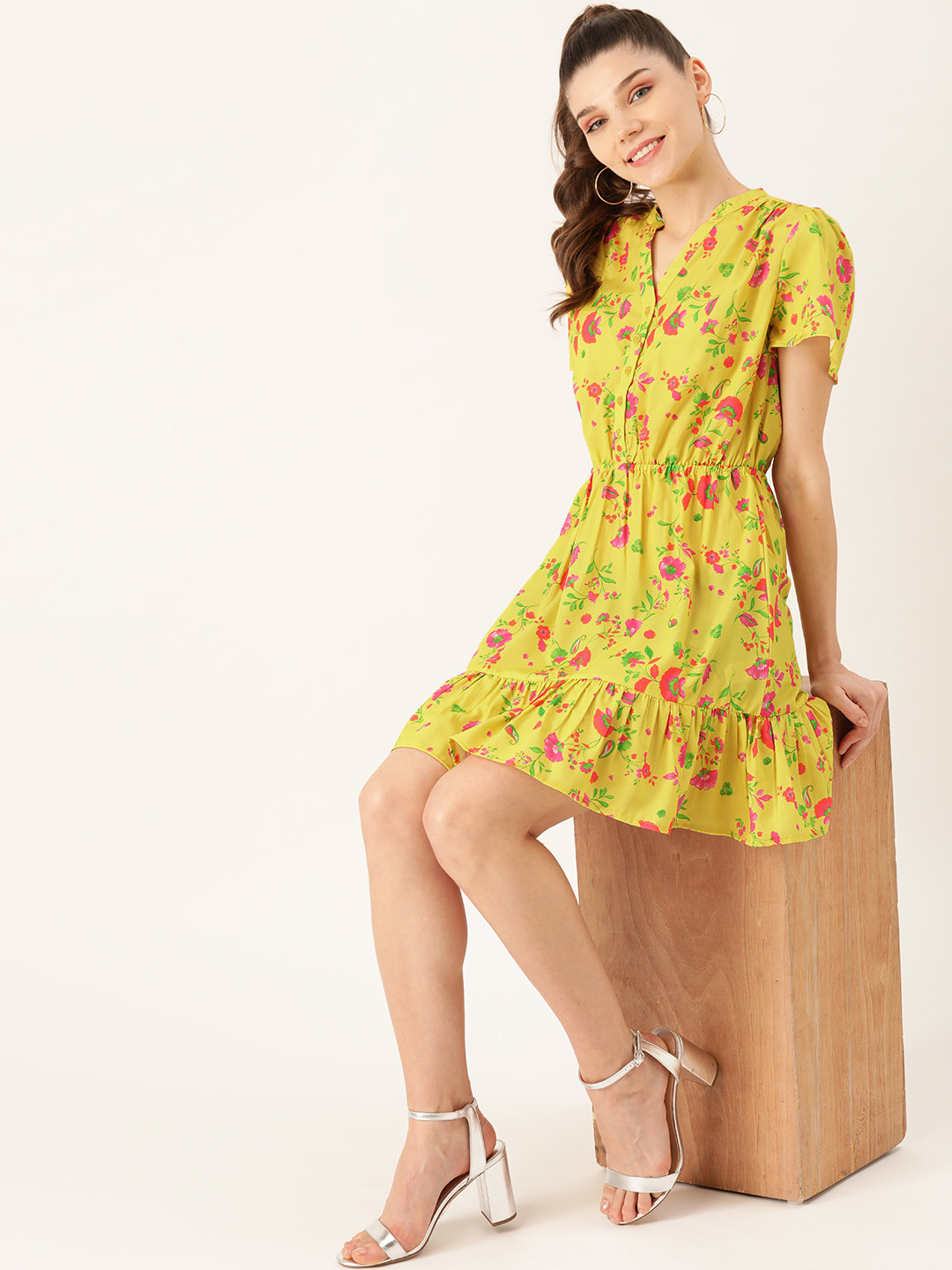 

DressBerry Women Yellow & Pink Floral Print Fit and Flare Dress