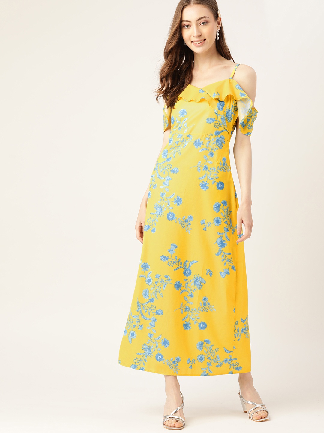 

DressBerry Yellow & Blue Floral A-Line Midi Dress