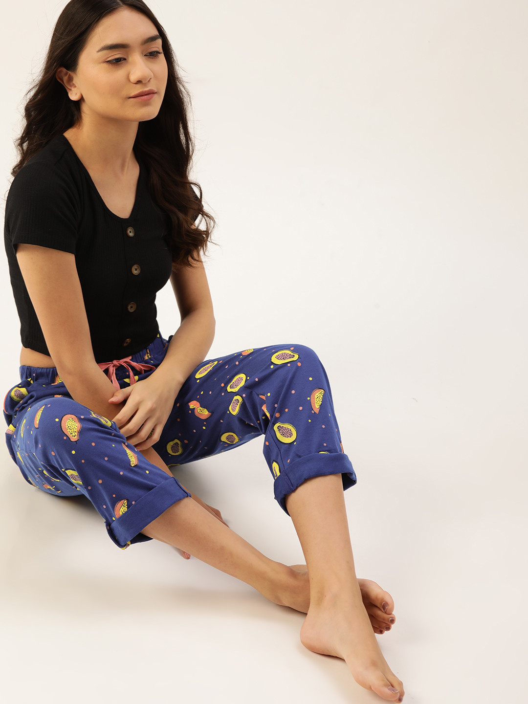

DressBerry Women Navy Blue & Yellow Conversational Printed Pure Cotton Lounge Pants