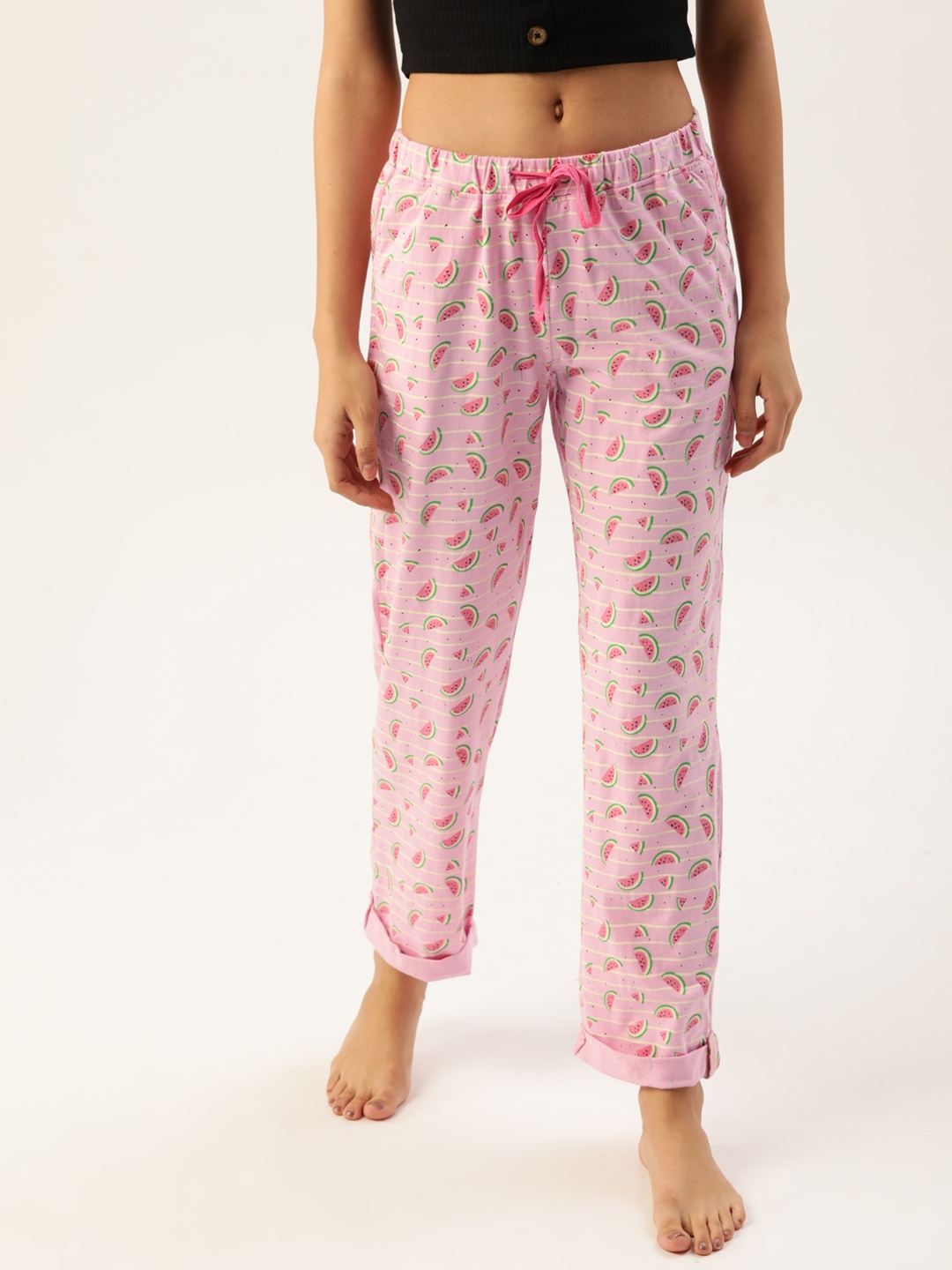 

DressBerry Women Pink and Green Conversational Print Pure Cotton Lounge Pants