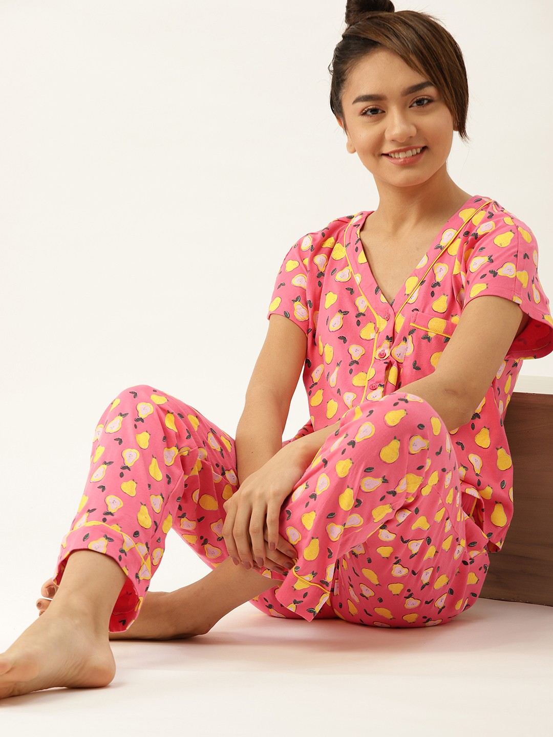 

DressBerry Women Pink & Yellow Printed Pure Cotton Night suit