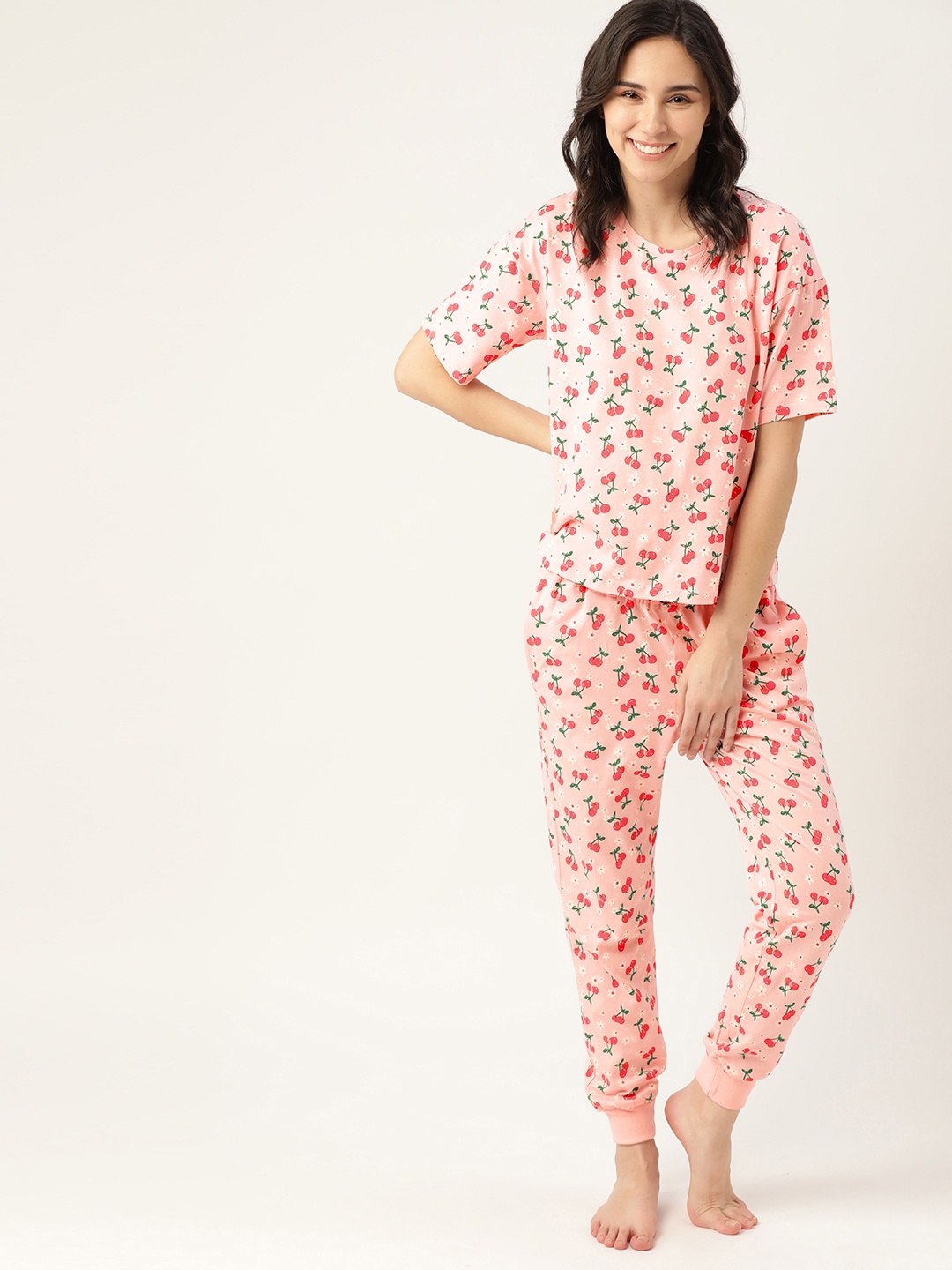 

DressBerry Women Pink & Green Cherry Printed Pure Cotton Night suit