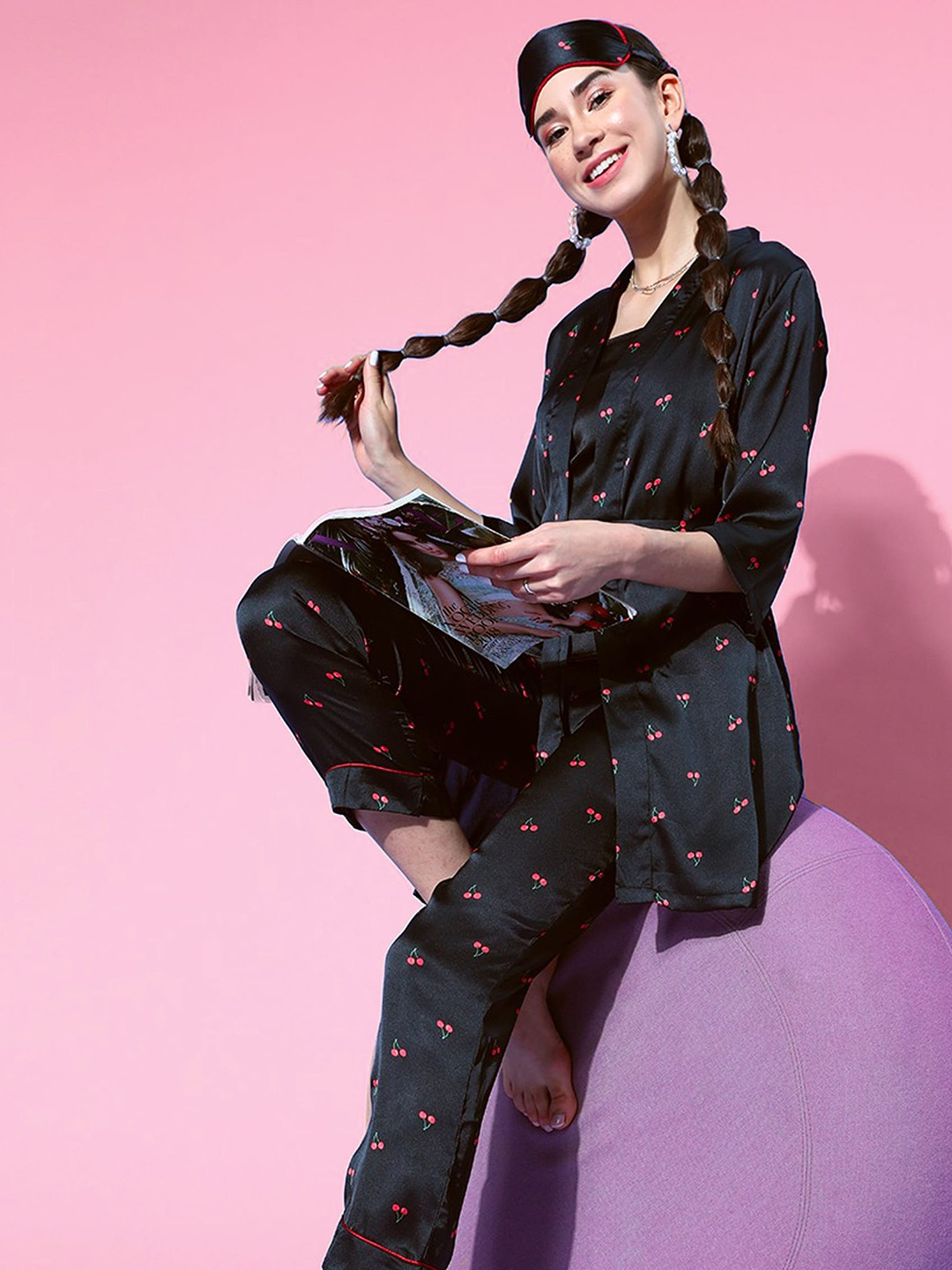 

DressBerry Women 3 Pc Black & Pink Printed Night Suit Set with Eye Mask