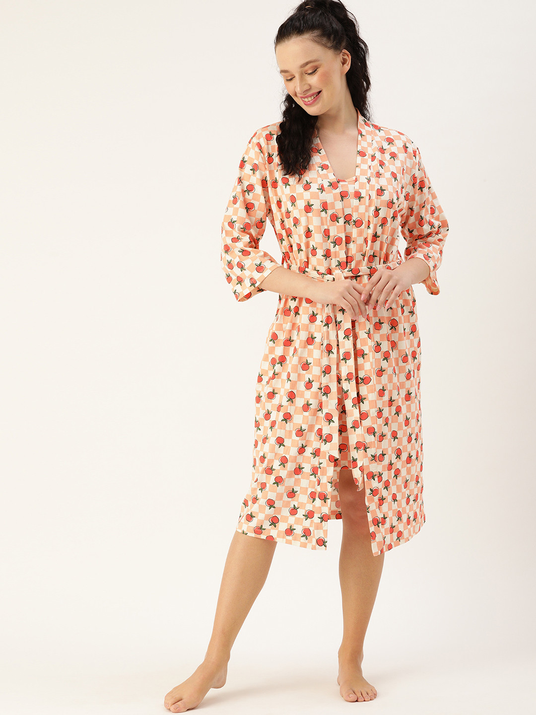 

DressBerry Women Peach-Coloured & White Printed Pure Cotton Nightdress with Robe