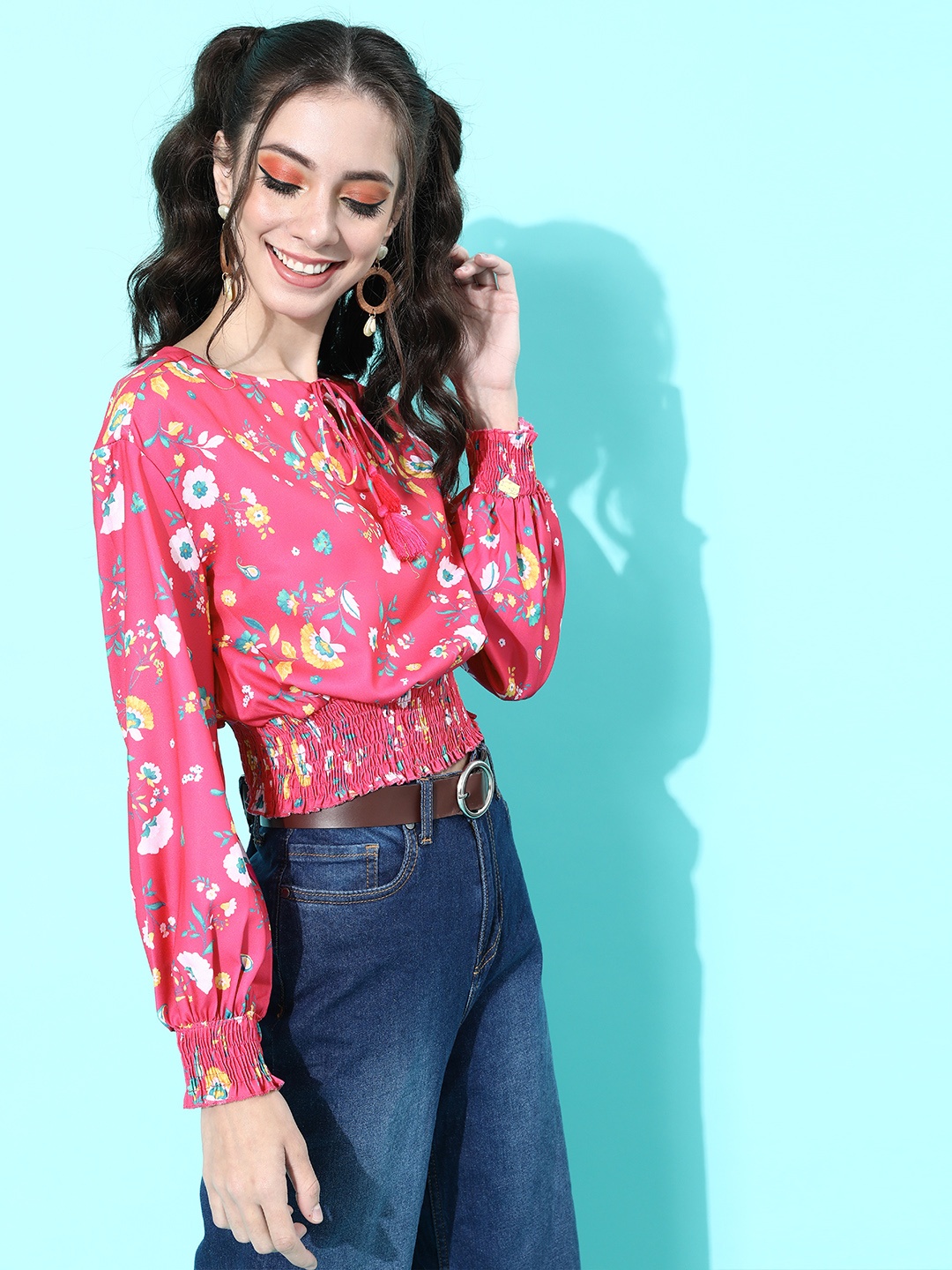 

DressBerry Women Pretty Pink Floral Cinched Waist Top