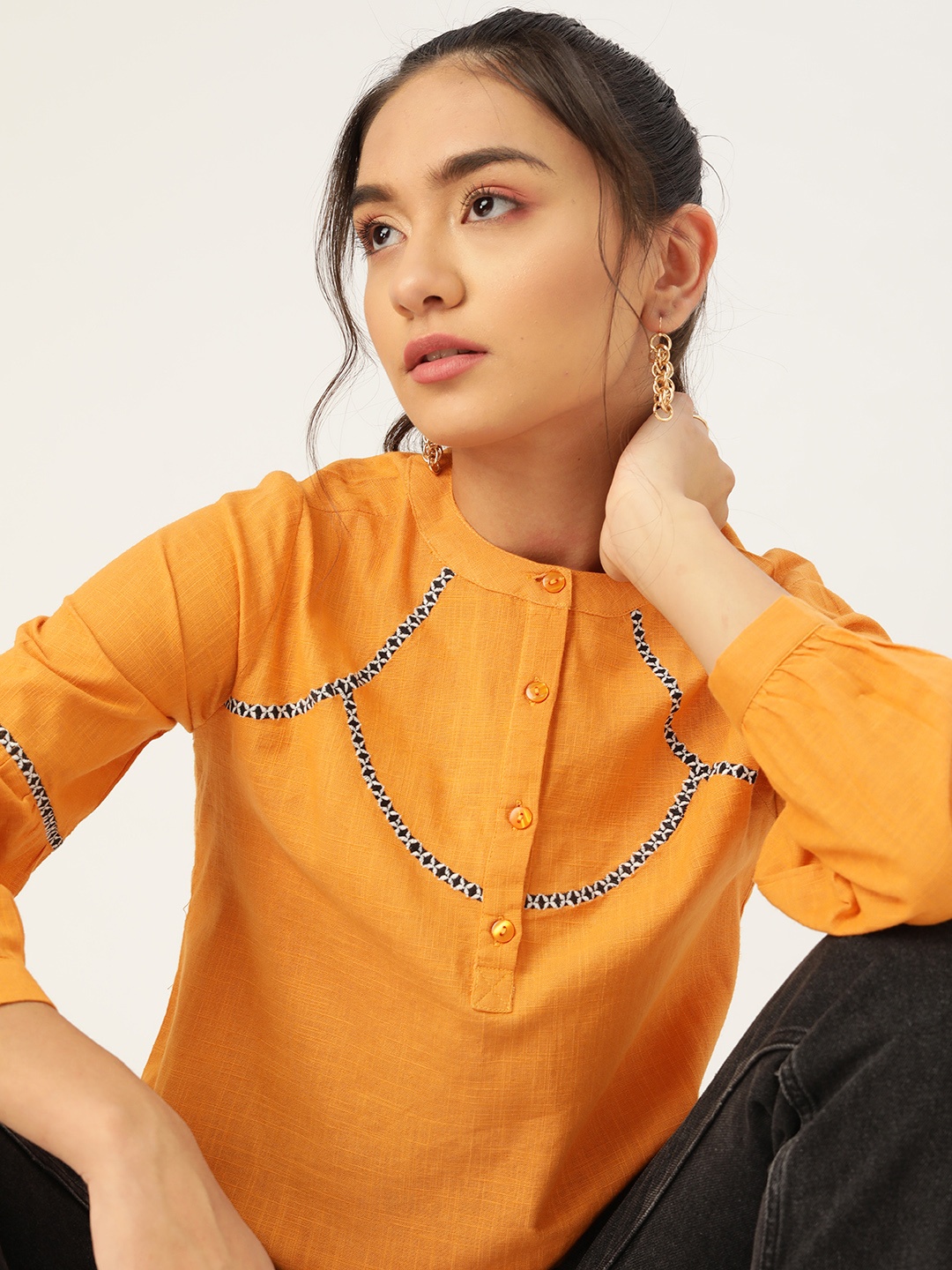 

DressBerry Mustard Yellow Solid Cotton Mandarin Collar Regular Top