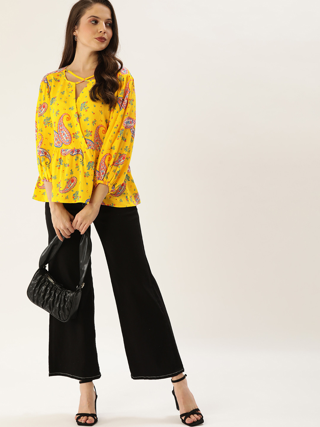 

DressBerry Yellow & Blue Paisley Print Wrap Top with Gathers