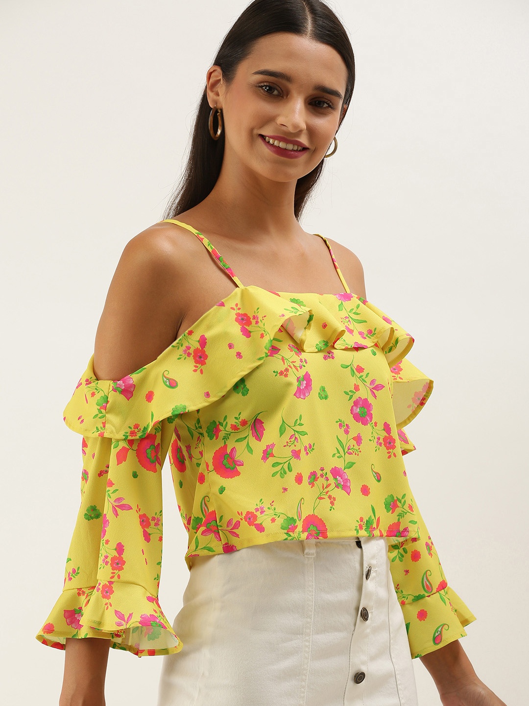 

DressBerry Women Yellow Floral Print Sleeve Bardot Top