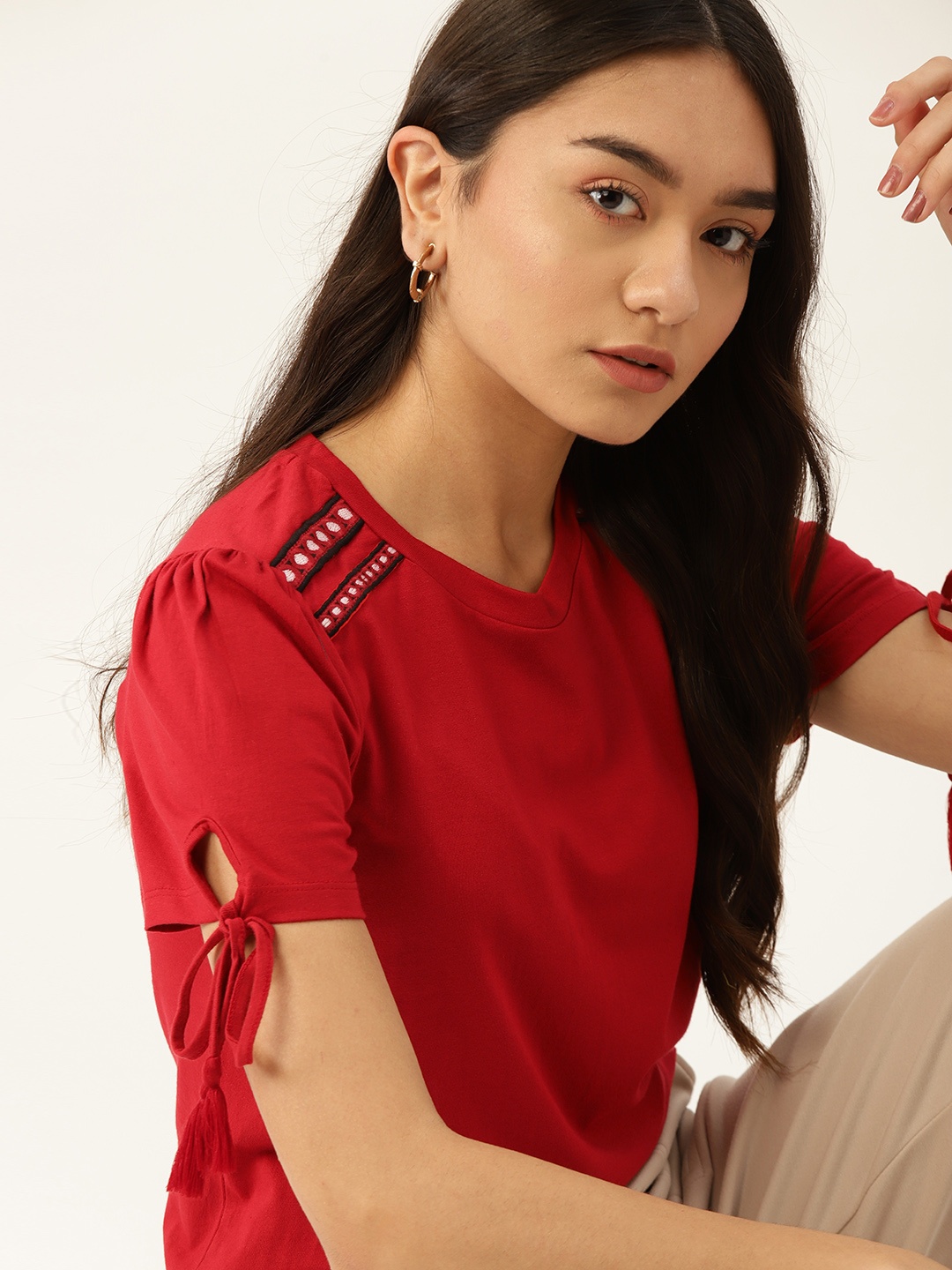 

DressBerry Red Pure Cotton Solid Puff Sleeves Top
