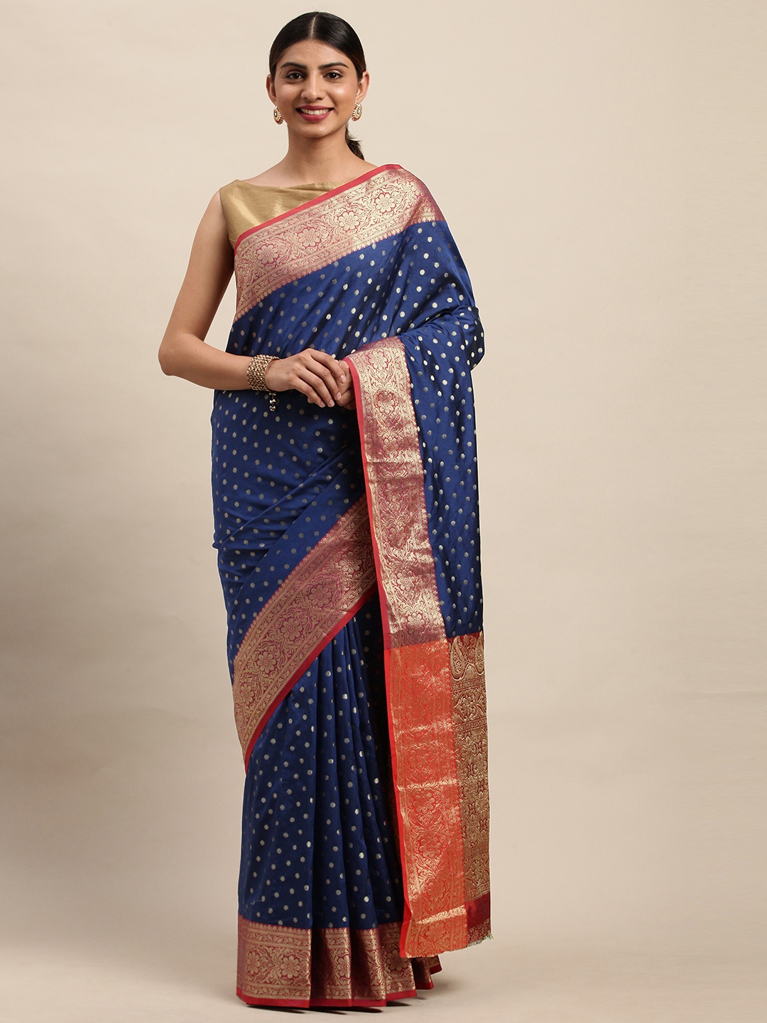 

Shaily Navy Blue & Red Silk Blend Woven Design Saree