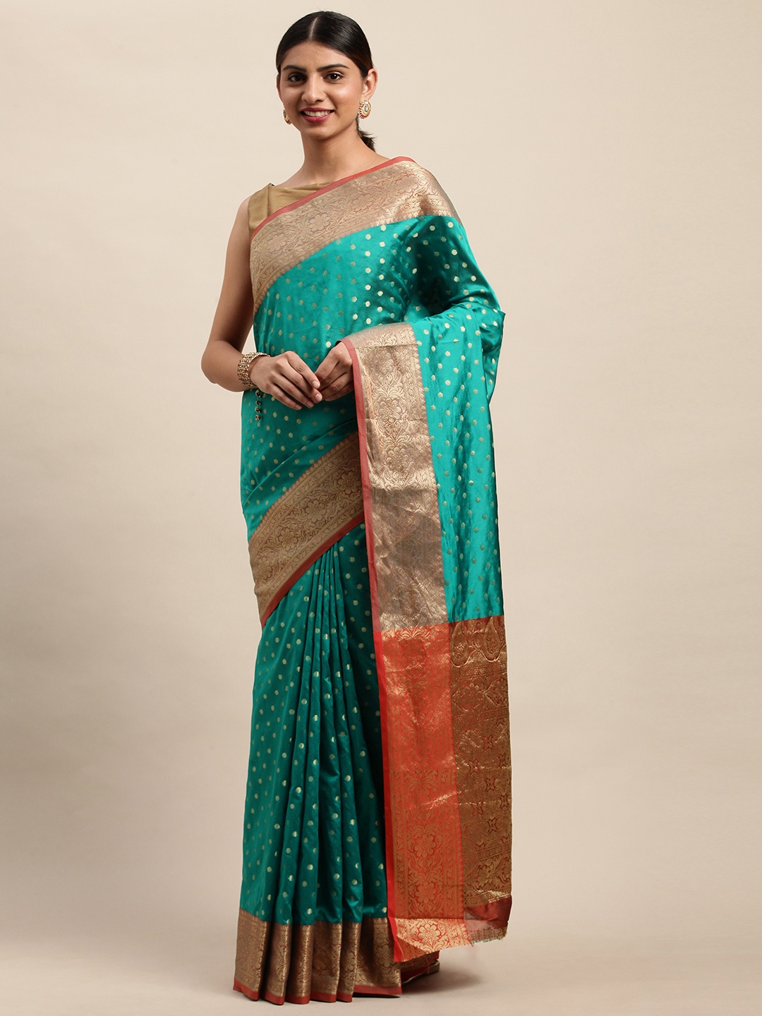 

Shaily Green & Red Silk Blend Woven Design Saree