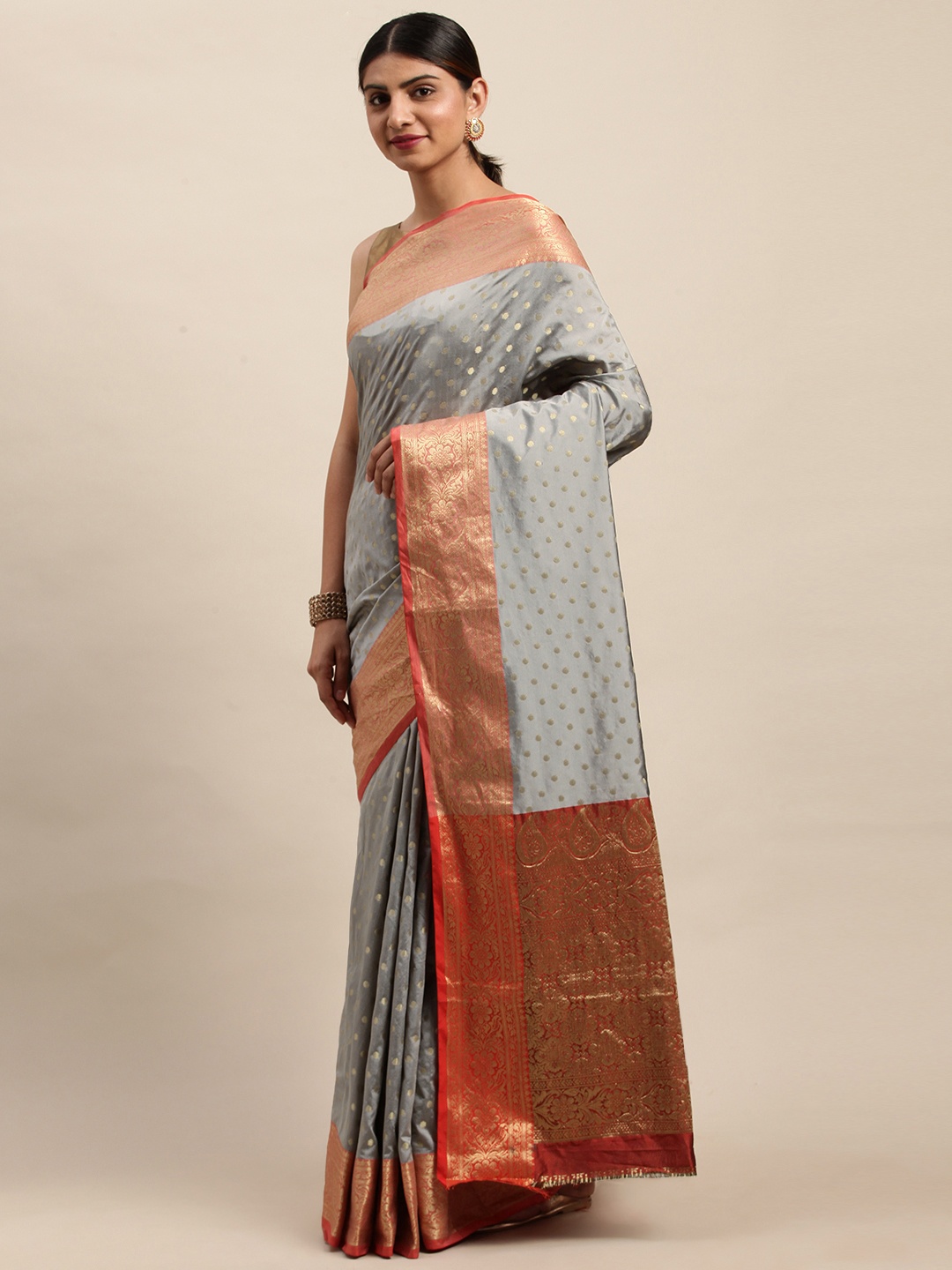 

Shaily Grey & Red Silk Blend Woven Design Saree