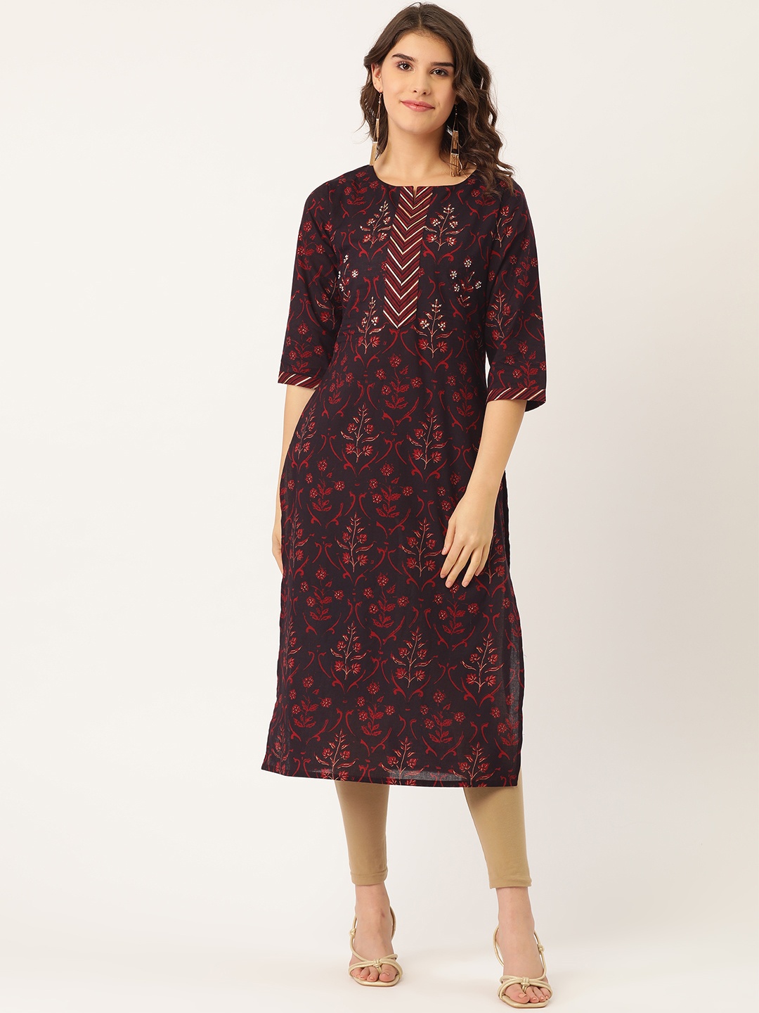 

Maaesa Women Navy Blue & Red Cotton Printed Straight Kurta