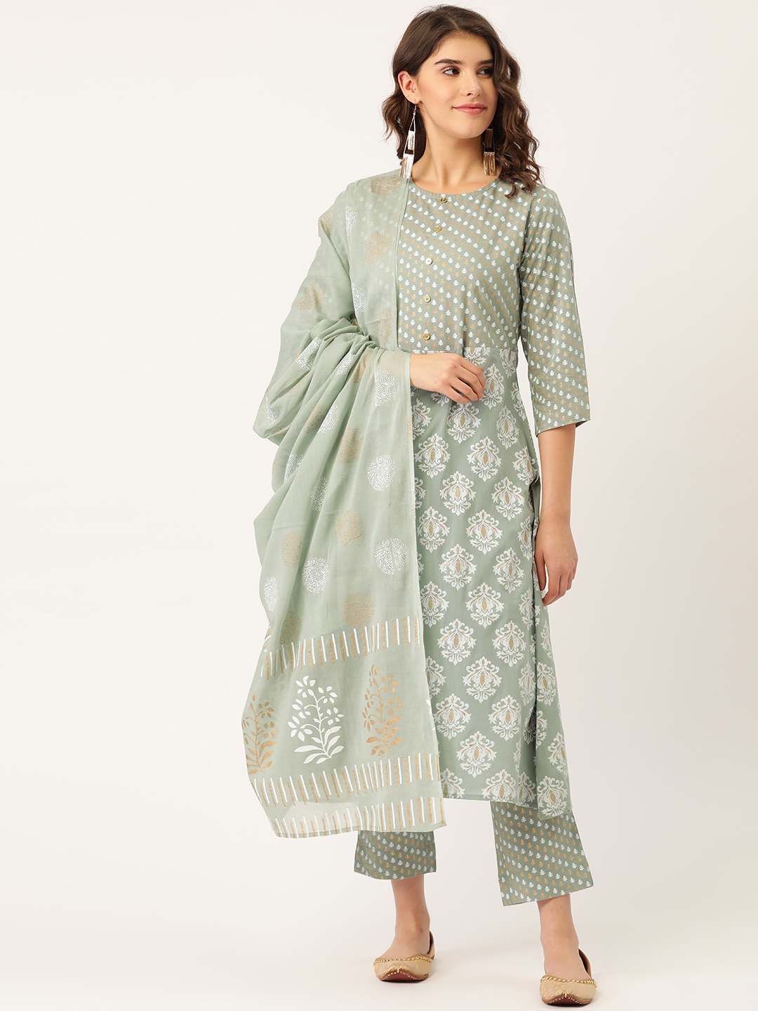 

Maaesa Women Green & White Printed Kurta with Trousers & Dupatta