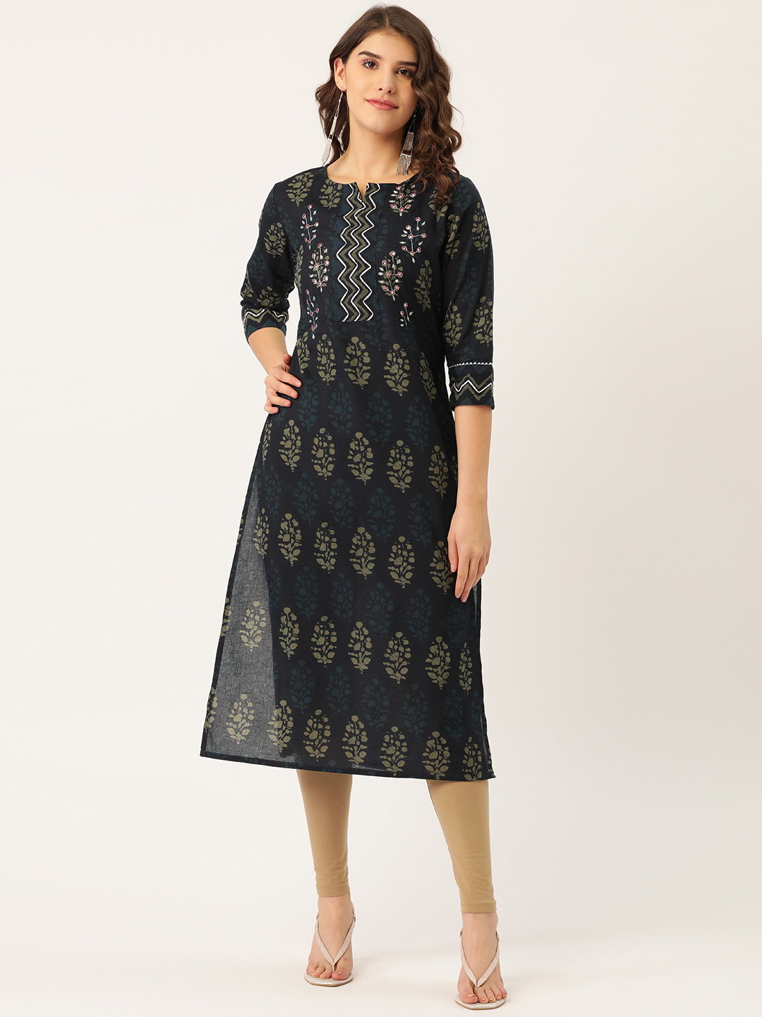

Maaesa Women Navy Blue & Olive Green Printed Straight Kurta