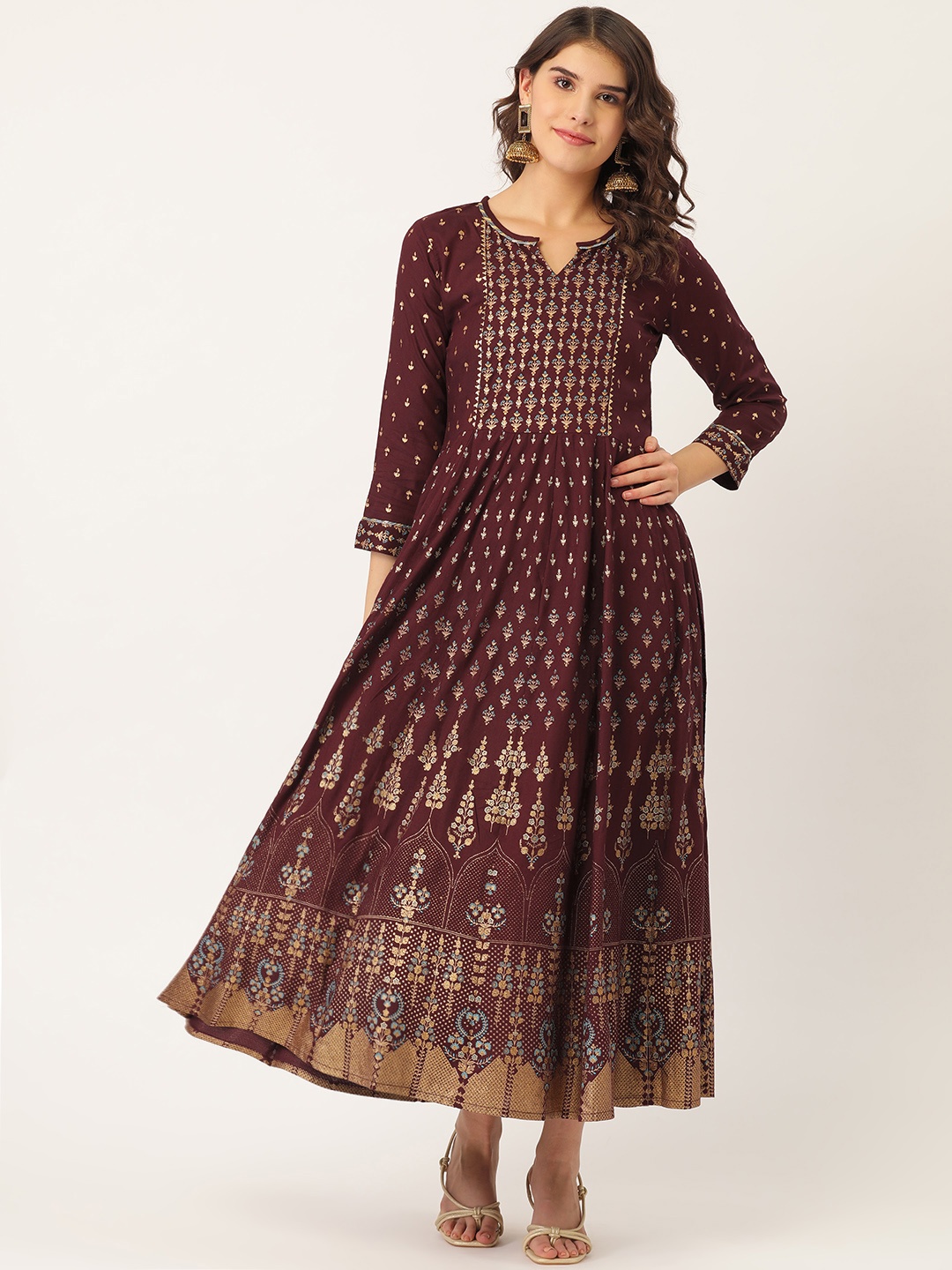 

Maaesa Women Maroon & Golden Gotta Patti Work Printed A-Line Dress