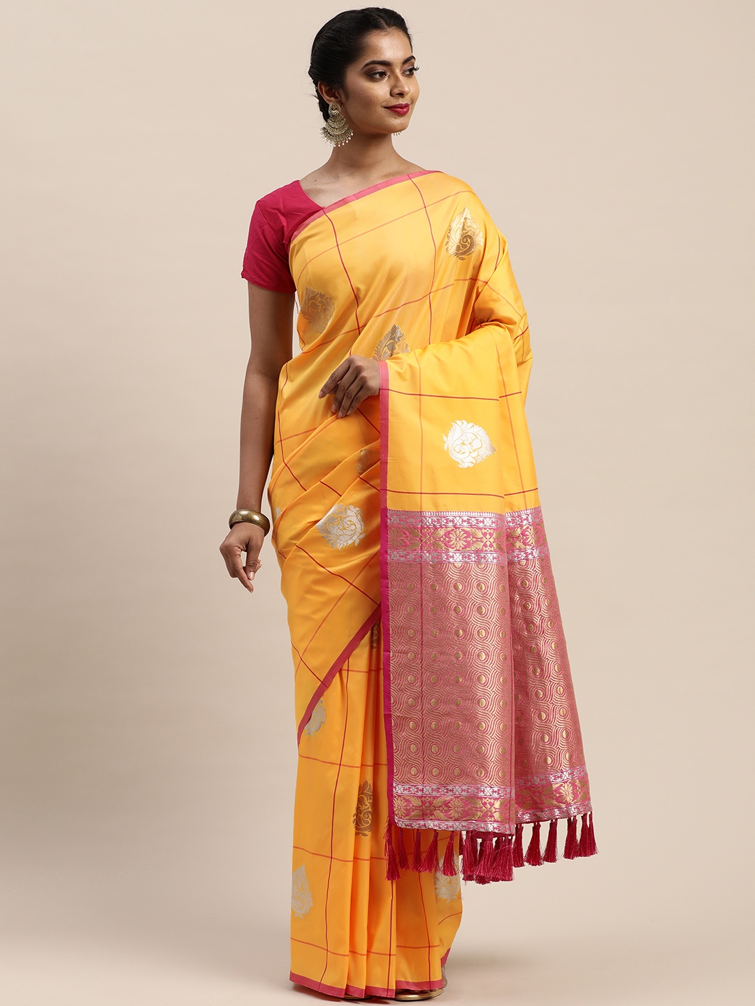 

VASTRANAND Mustard Yellow & Gold-Toned Woven Design Banarasi Saree