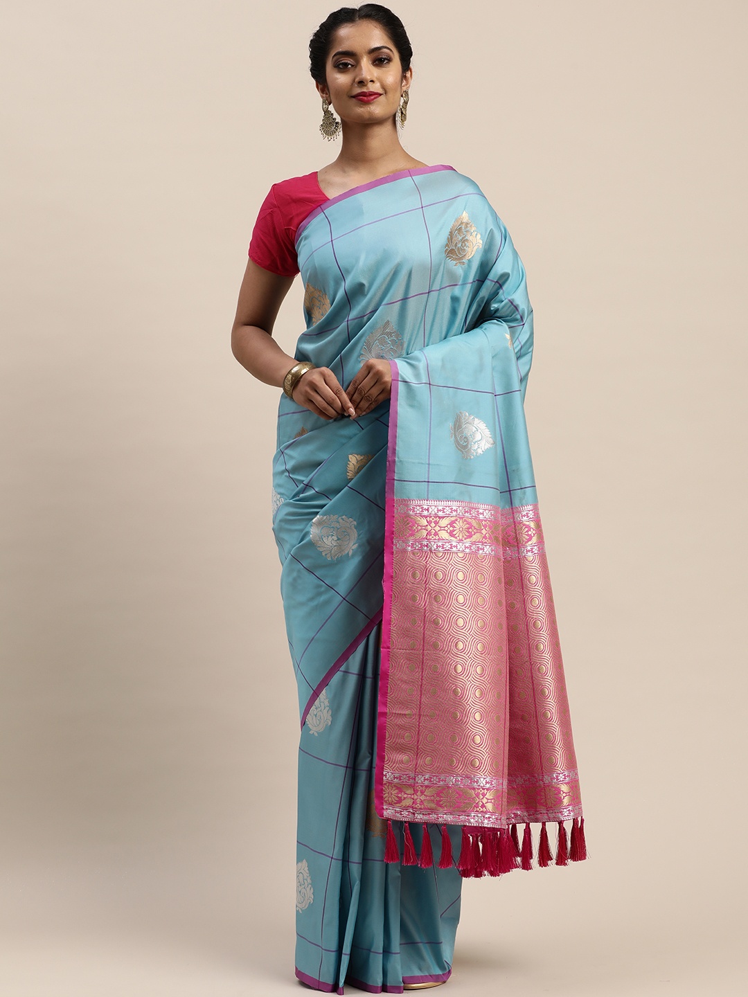 

VASTRANAND Blue & Silver-Toned Woven Design Banarasi Saree
