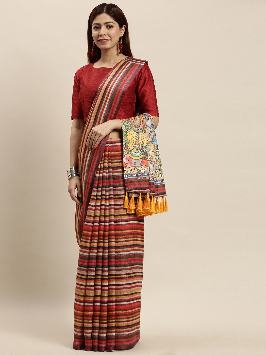 

VASTRANAND Multicoloured Linen Blend Striped Ikat Saree, Multi