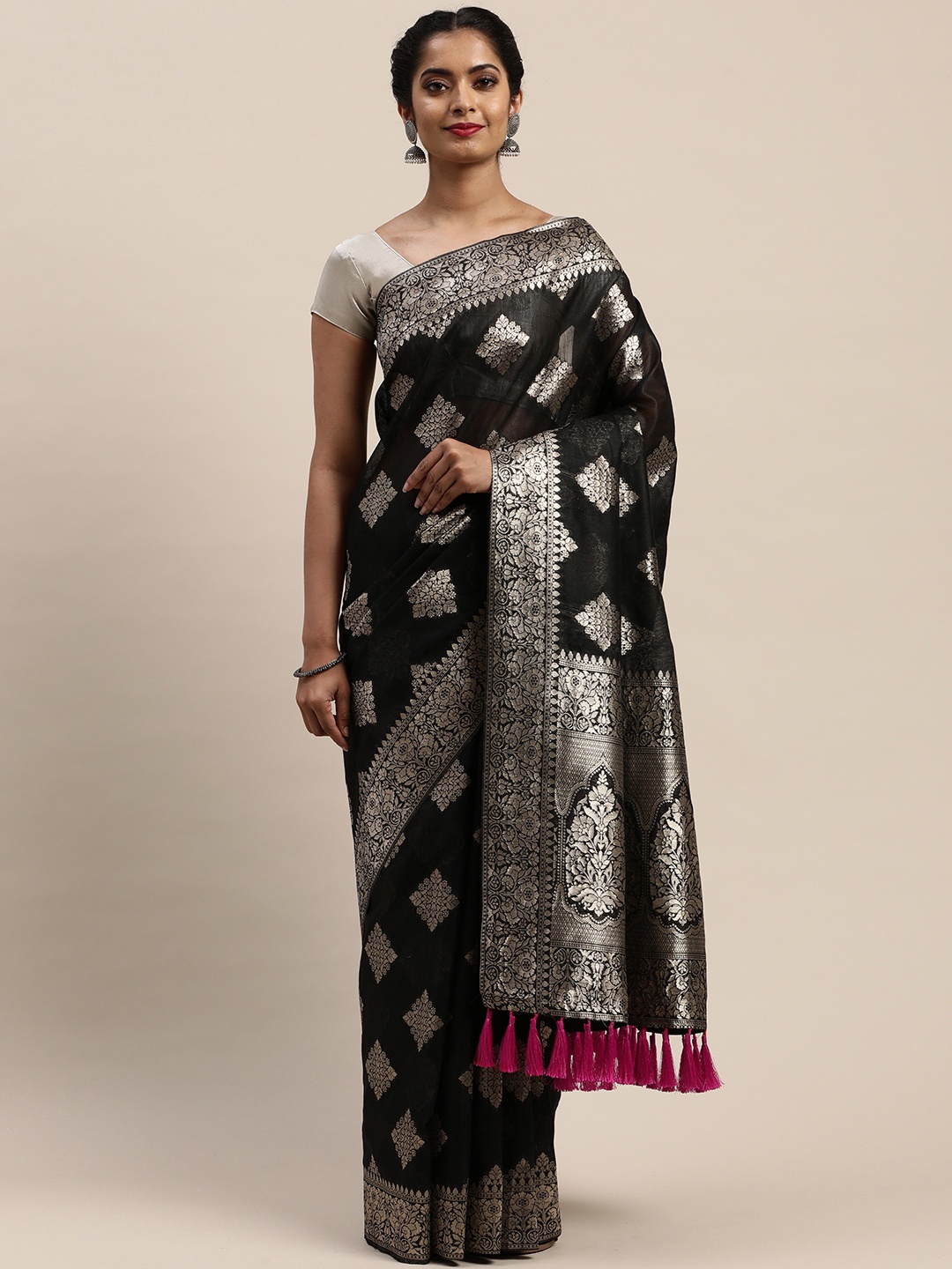

VASTRANAND Black & Silver-Toned Woven Design Saree