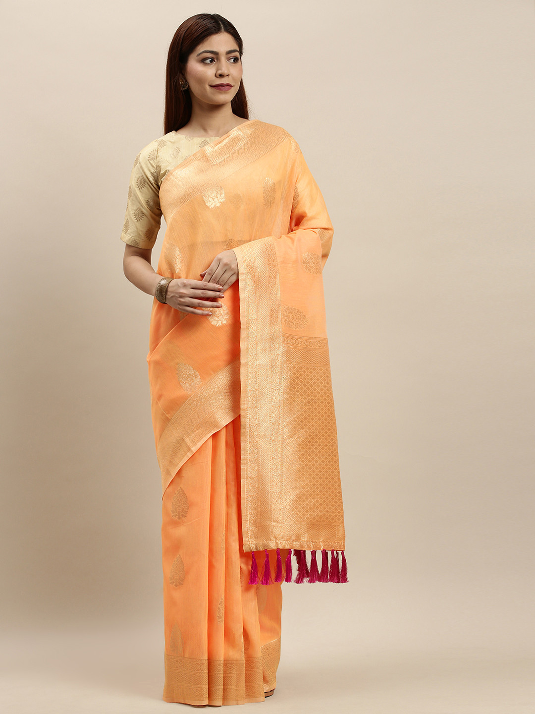 

VASTRANAND Orange & Gold-Toned Cotton Blend Woven Design Saree