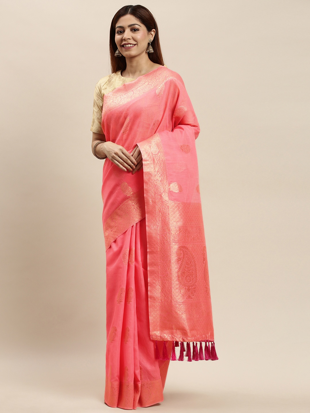 

VASTRANAND Pink & Gold-Toned Cotton Blend Woven Design Saree