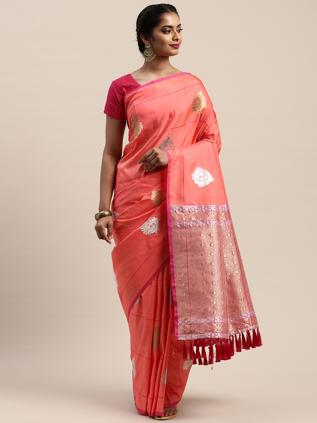 

VASTRANAND Coral Orange & Gold-Toned Woven Design Banarasi Saree