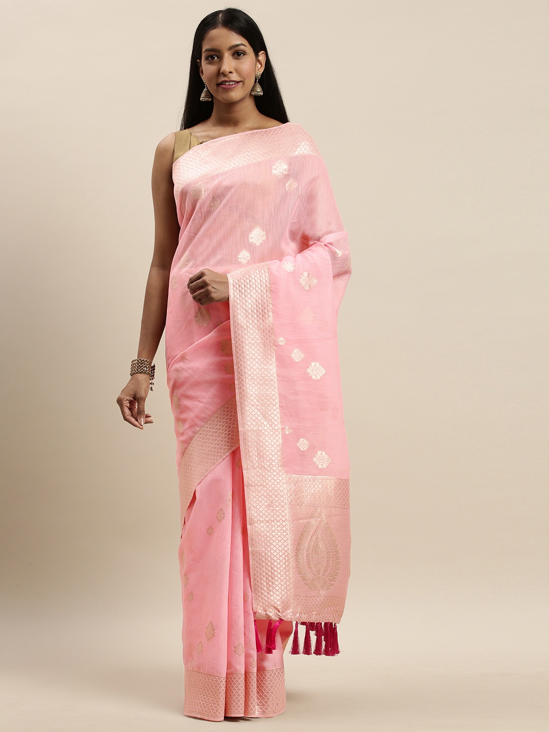 

VASTRANAND Pink & Silver-Toned Woven Design Saree