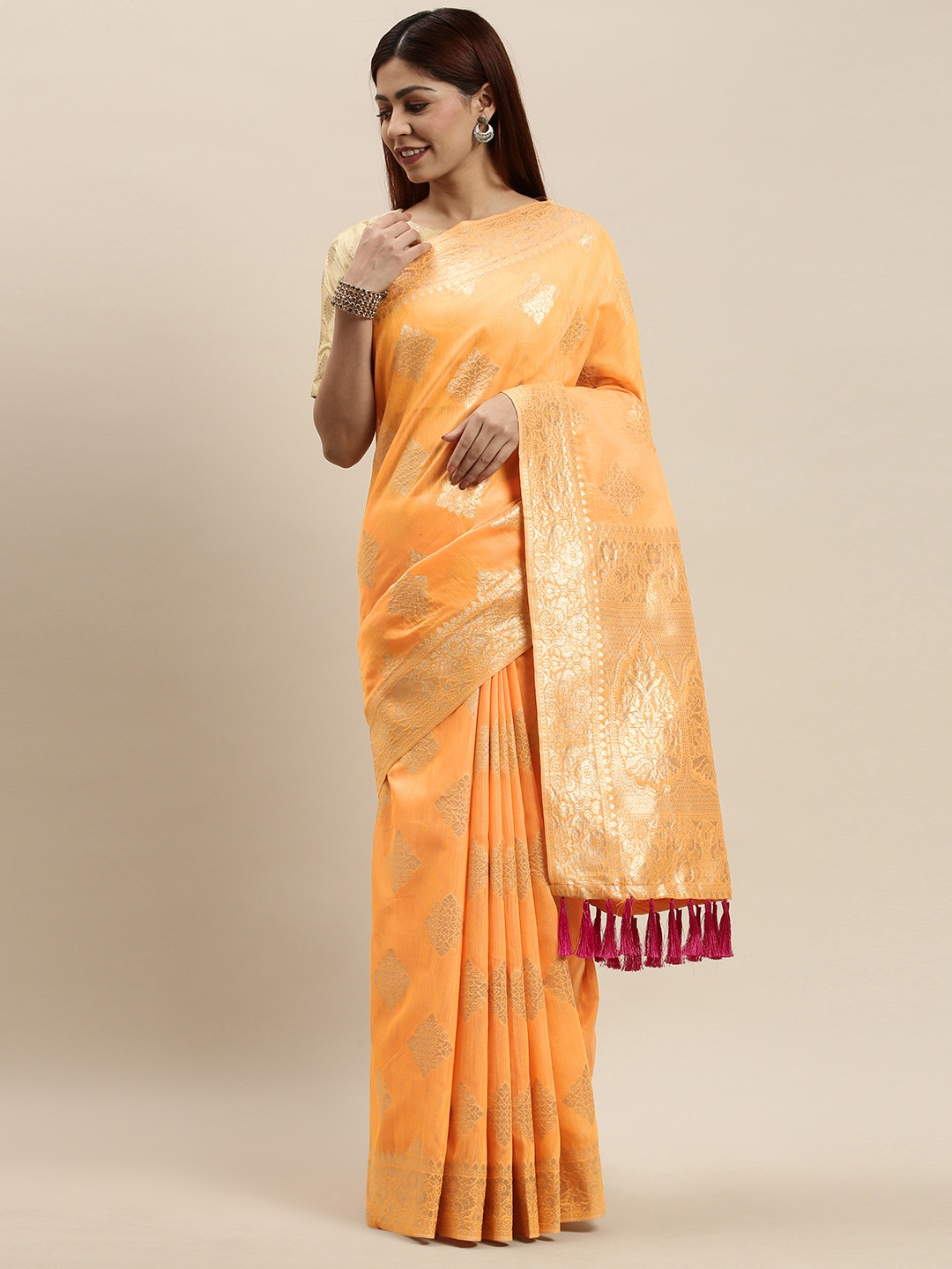 

VASTRANAND Orange & Golden Woven Design Saree