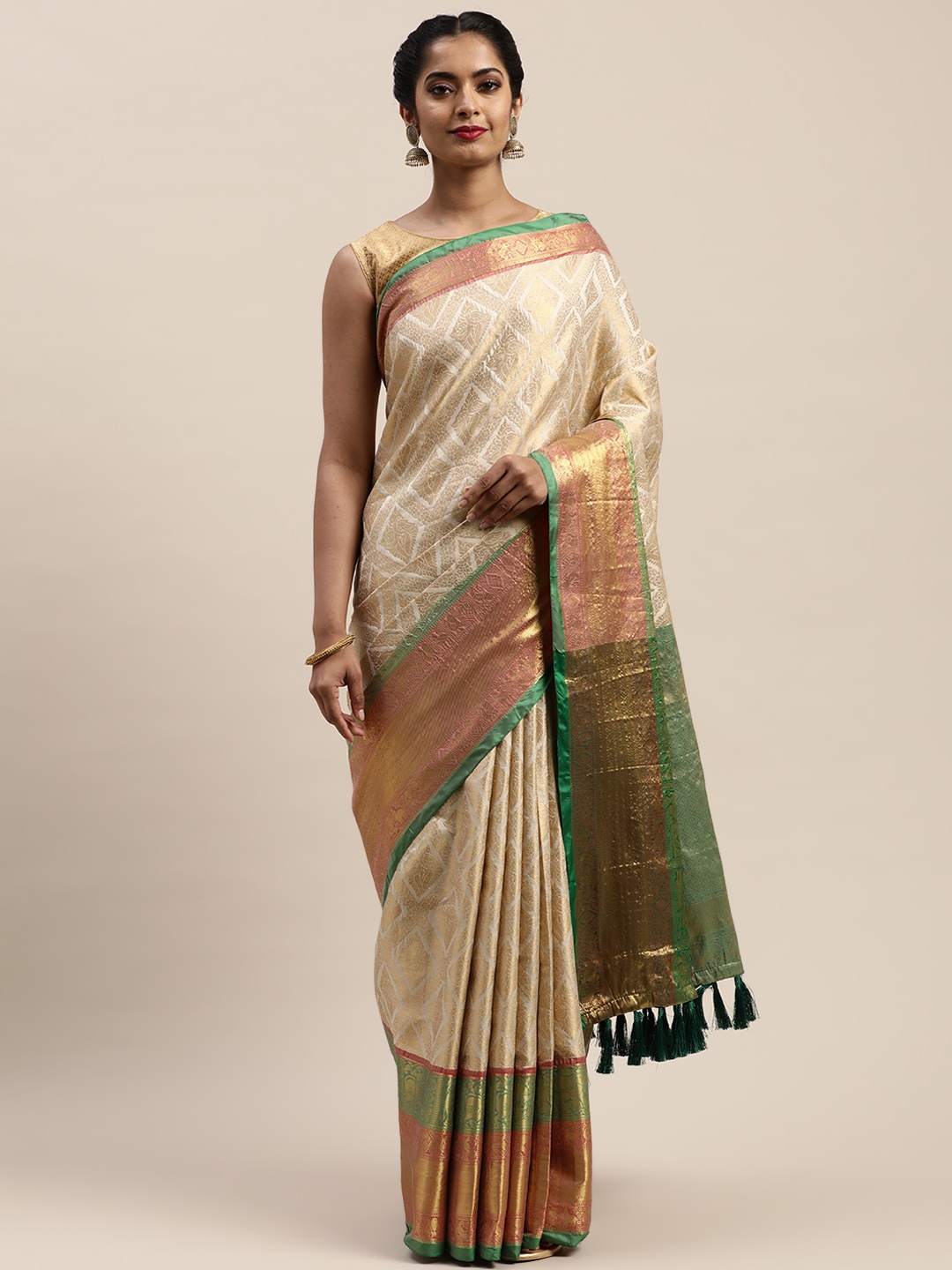 

VASTRANAND Off-White & Green Silk Cotton Woven Design Banarasi Saree