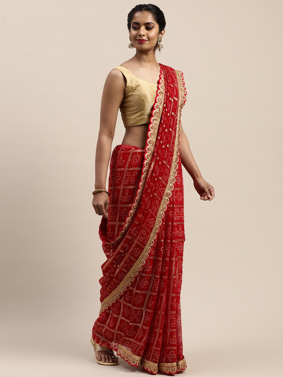 

VASTRANAND Maroon & Beige Printed Bandhani Saree
