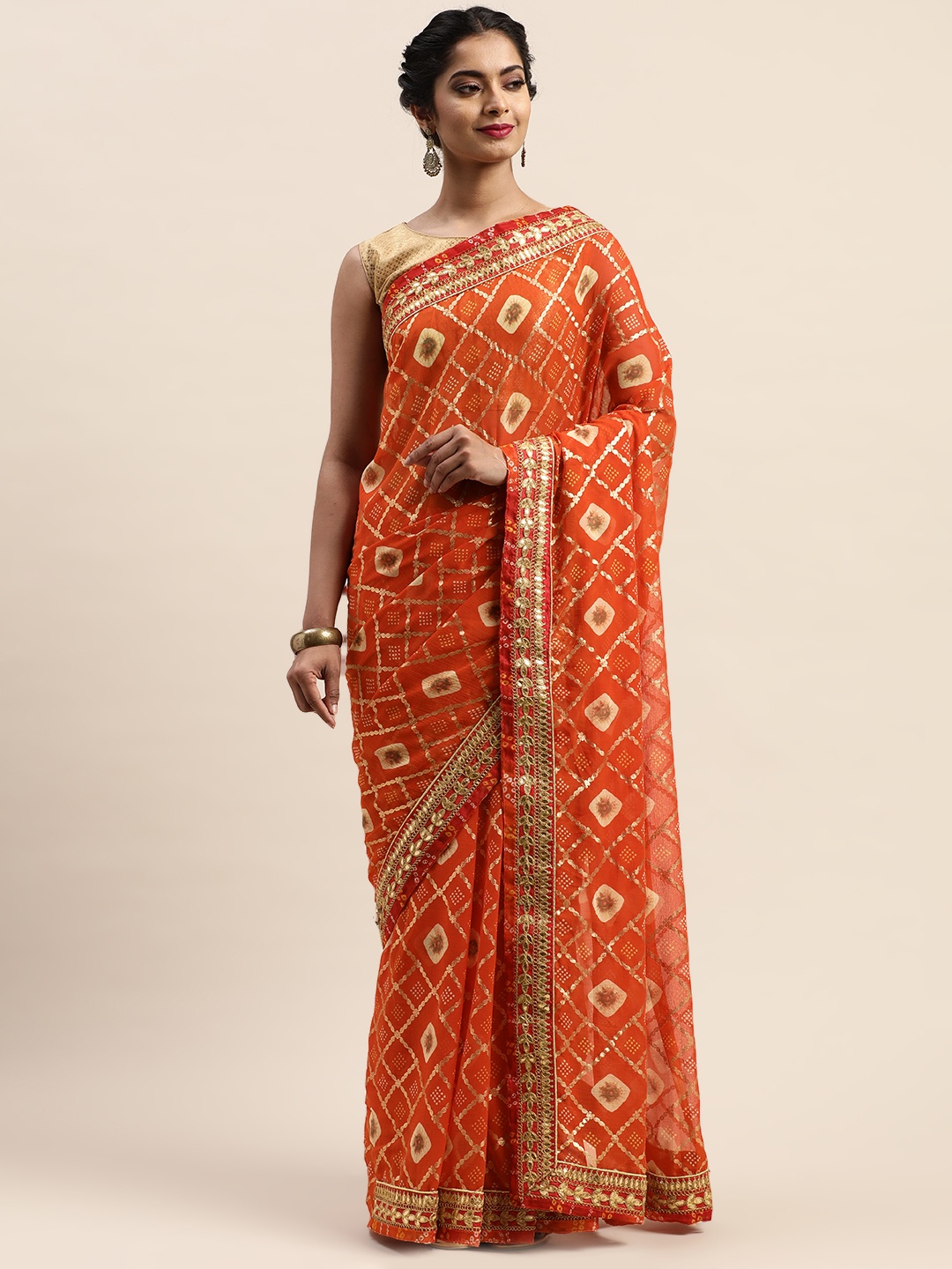 

VASTRANAND Orange & Gold-Toned Printed Bandhani Saree