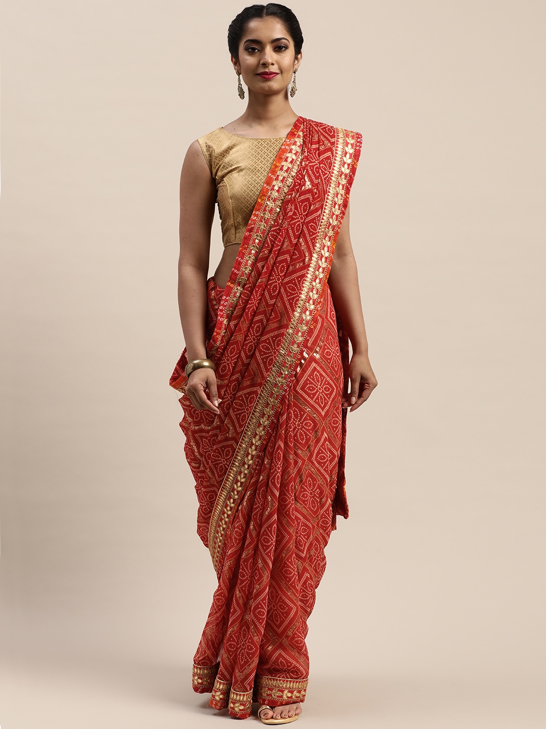 

VASTRANAND Maroon & Beige Printed Bandhani Saree