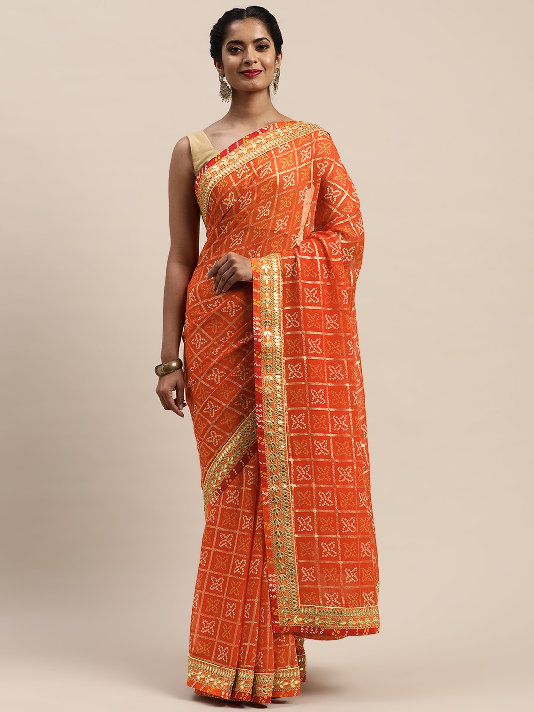 

VASTRANAND Orange Poly Georgette Printed Bandhani Saree