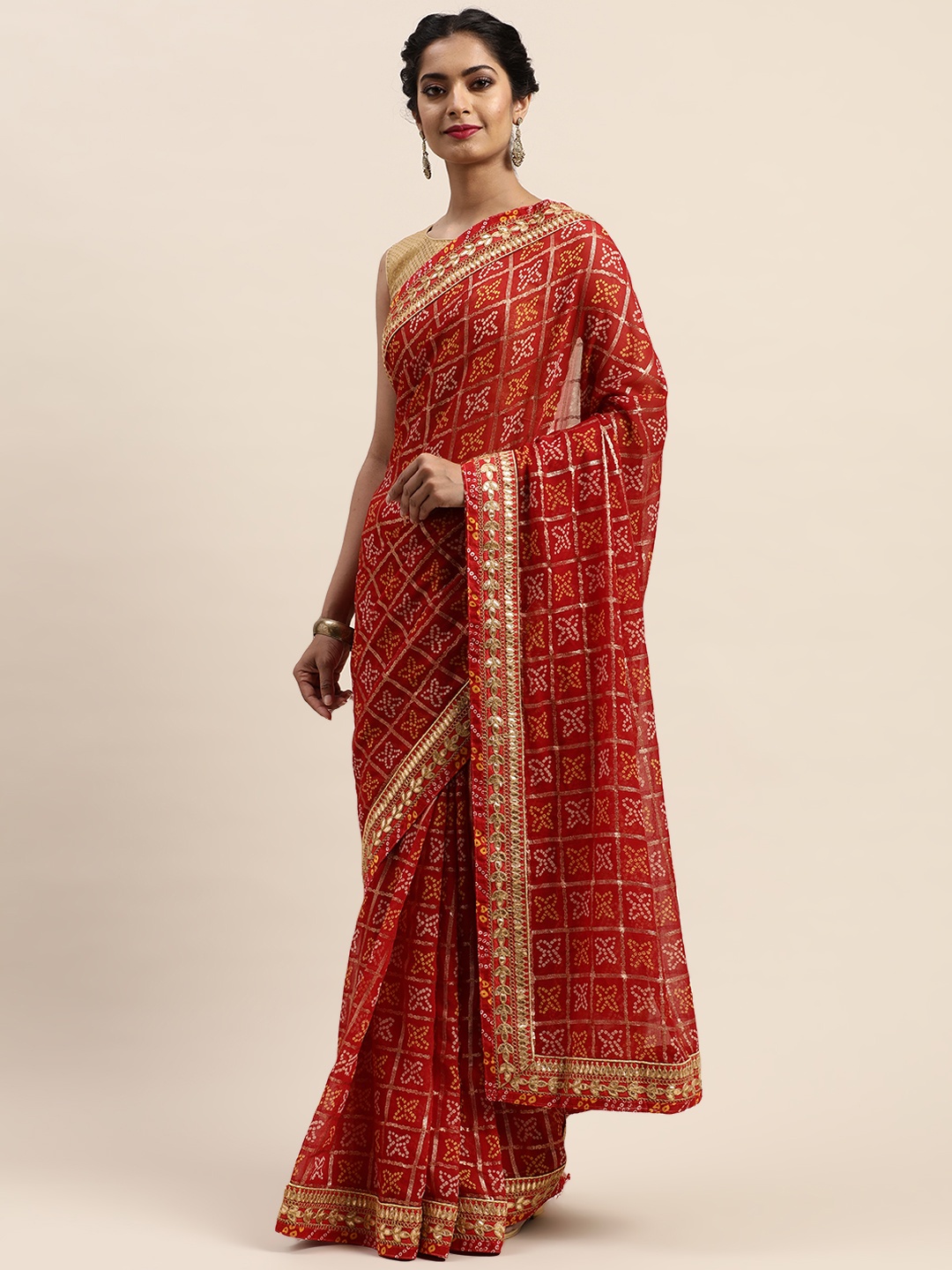 

VASTRANAND Maroon & Beige Printed Bandhani Saree
