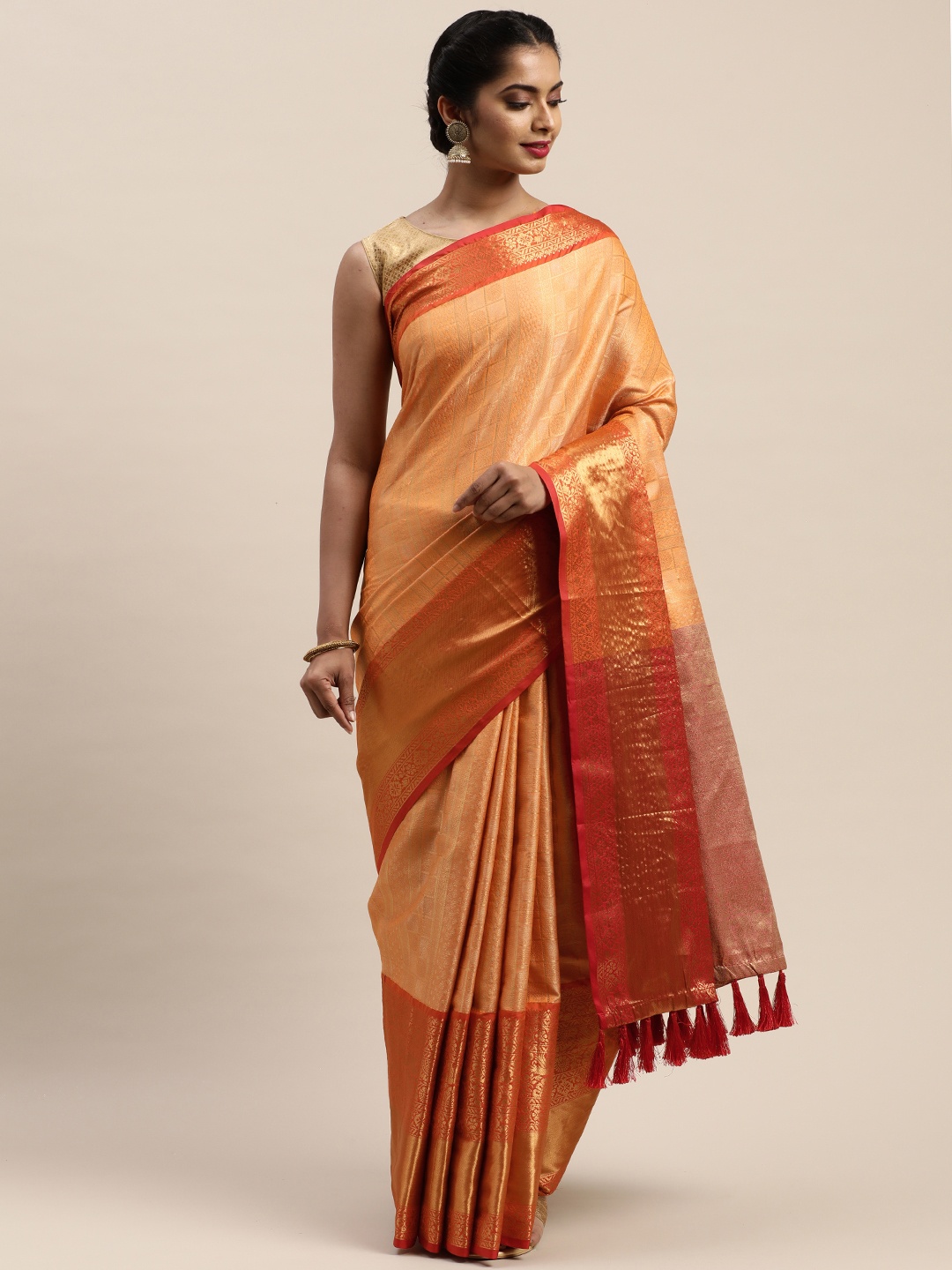 

VASTRANAND Peach-Coloured & Gold-Toned Woven Design Banarasi Saree