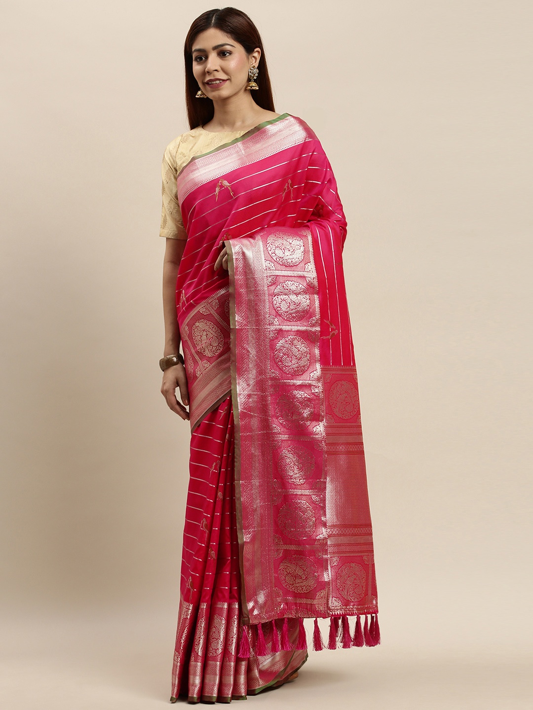 

VASTRANAND Pink & Golden Striped Banarasi Saree