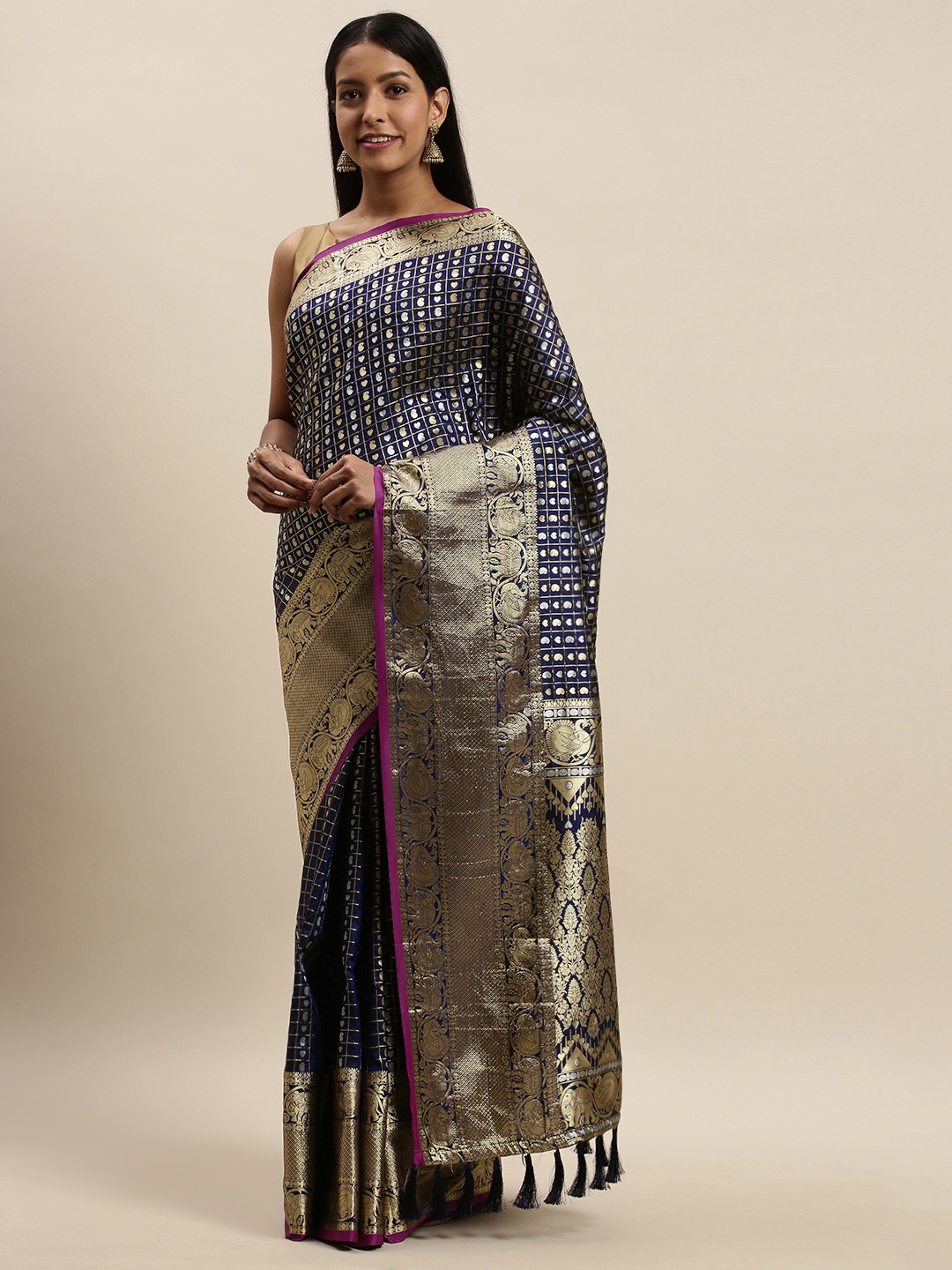 

VASTRANAND Navy Blue Checked Banarasi Saree