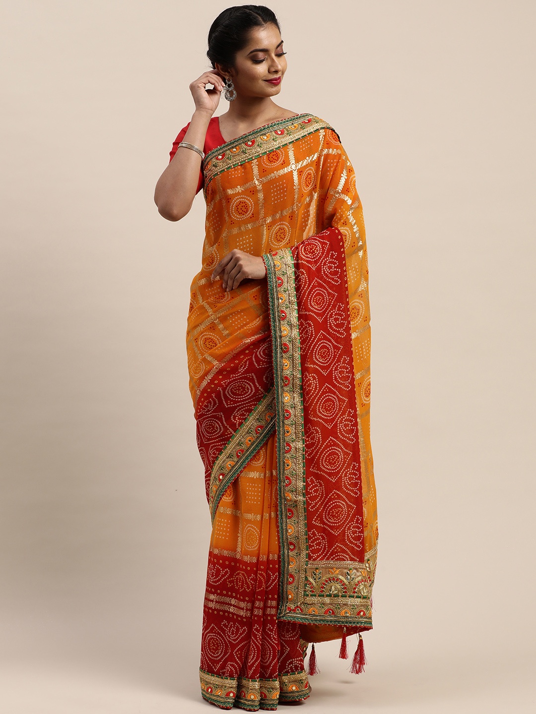 

VASTRANAND Yellow & Red Poly Georgette Checked Bandhani Celebrity Saree