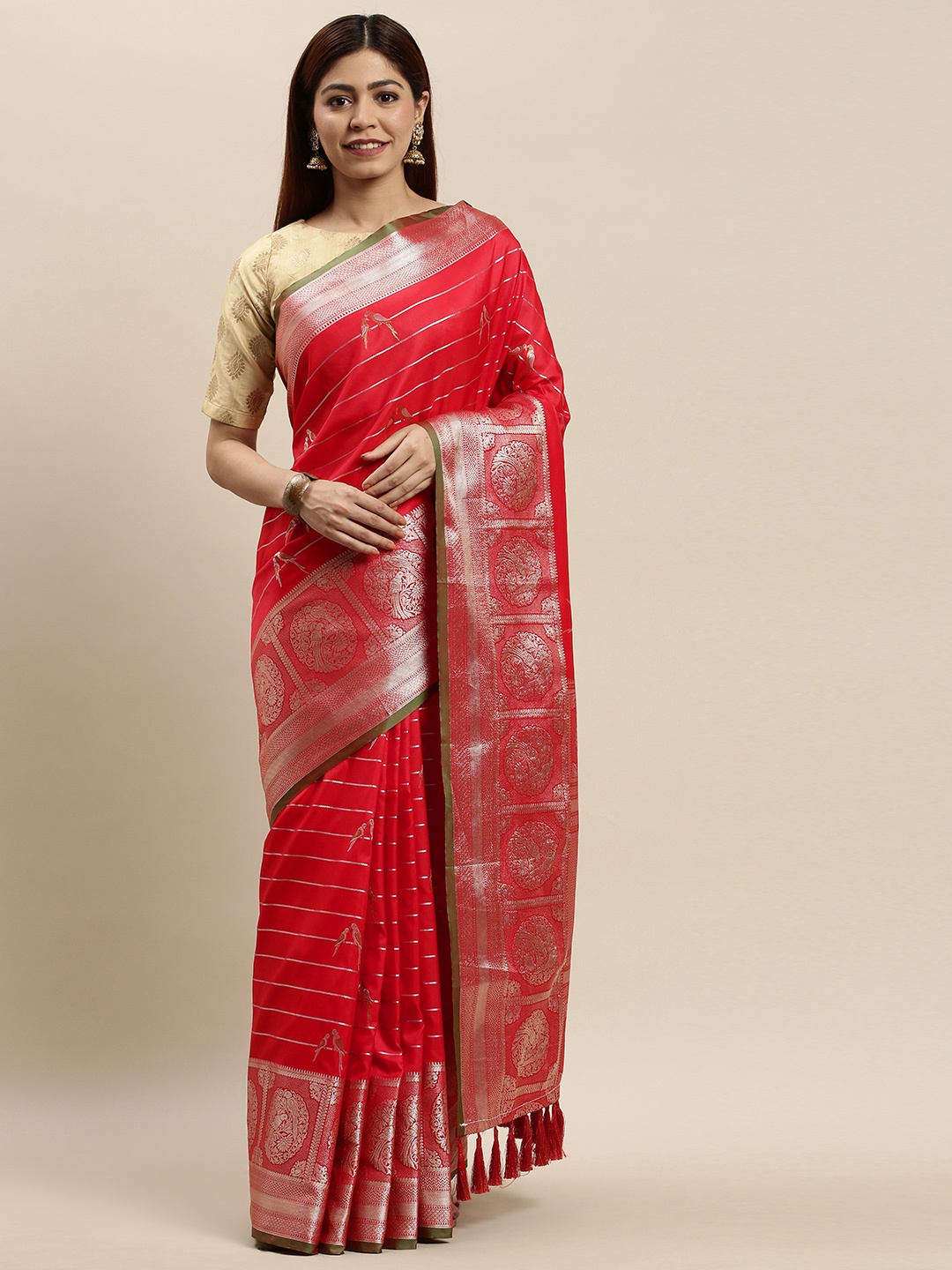 

VASTRANAND Red & Golden Striped Banarasi Saree