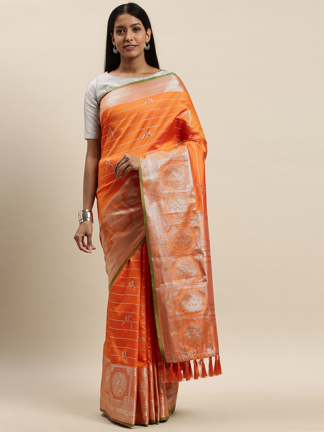 

VASTRANAND Orange Checked Banarasi Saree