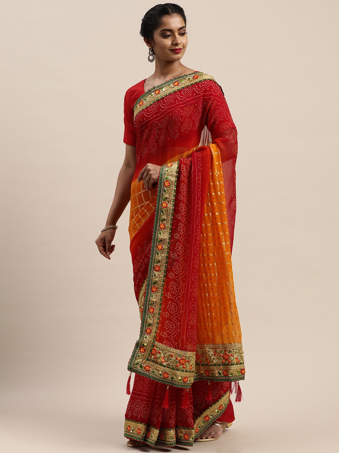 

VASTRANAND Red & Yellow Poly Georgette Printed Bandhani Celebrity Saree