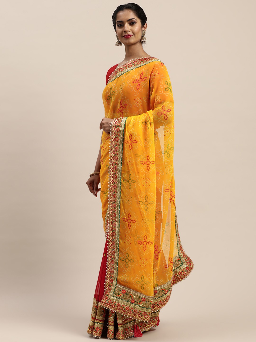 

VASTRANAND Yellow & Red Poly Georgette Embroidered Bandhani Saree
