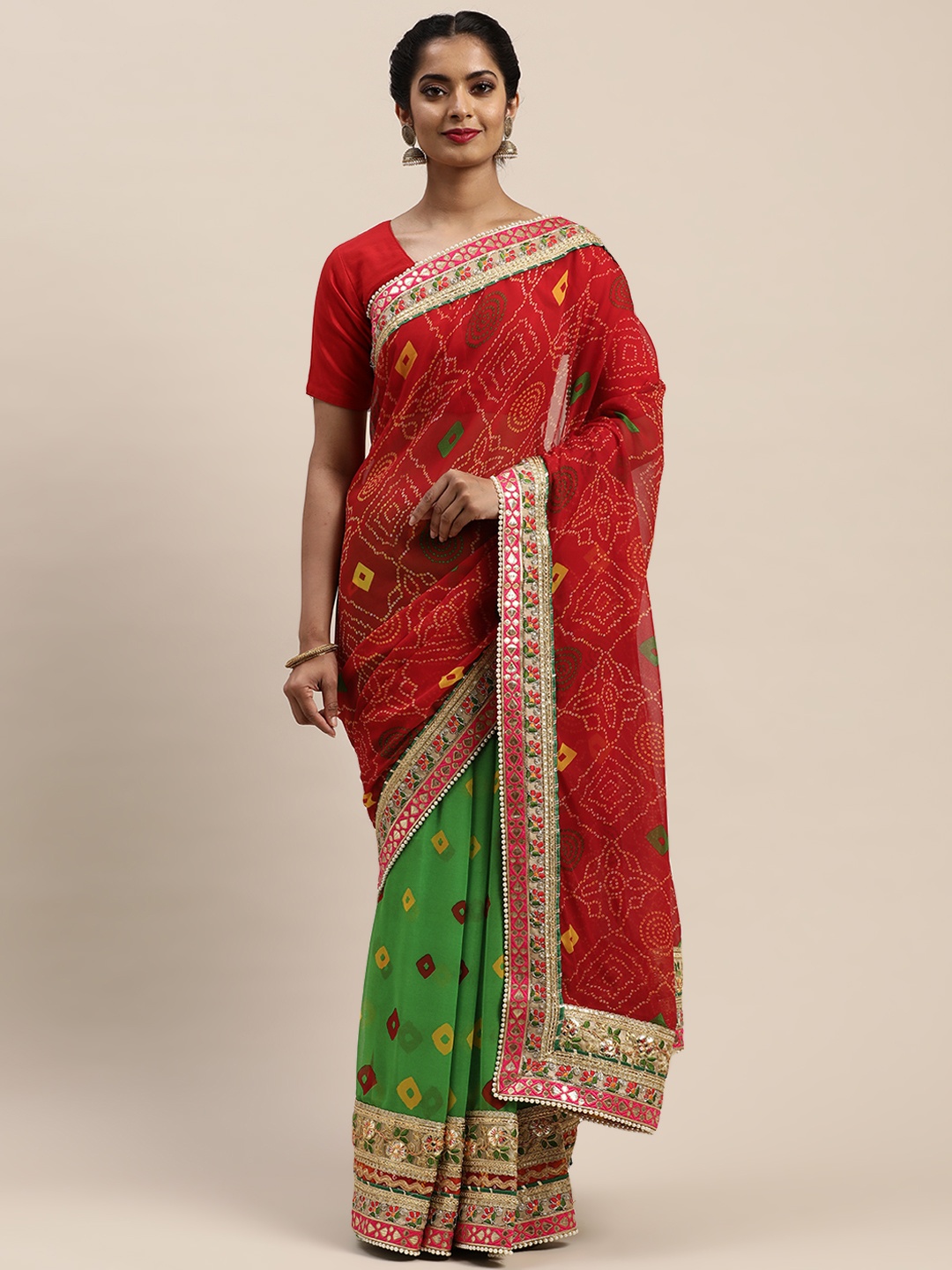 

VASTRANAND Red & Green Poly Georgette Printed Bandhani Saree